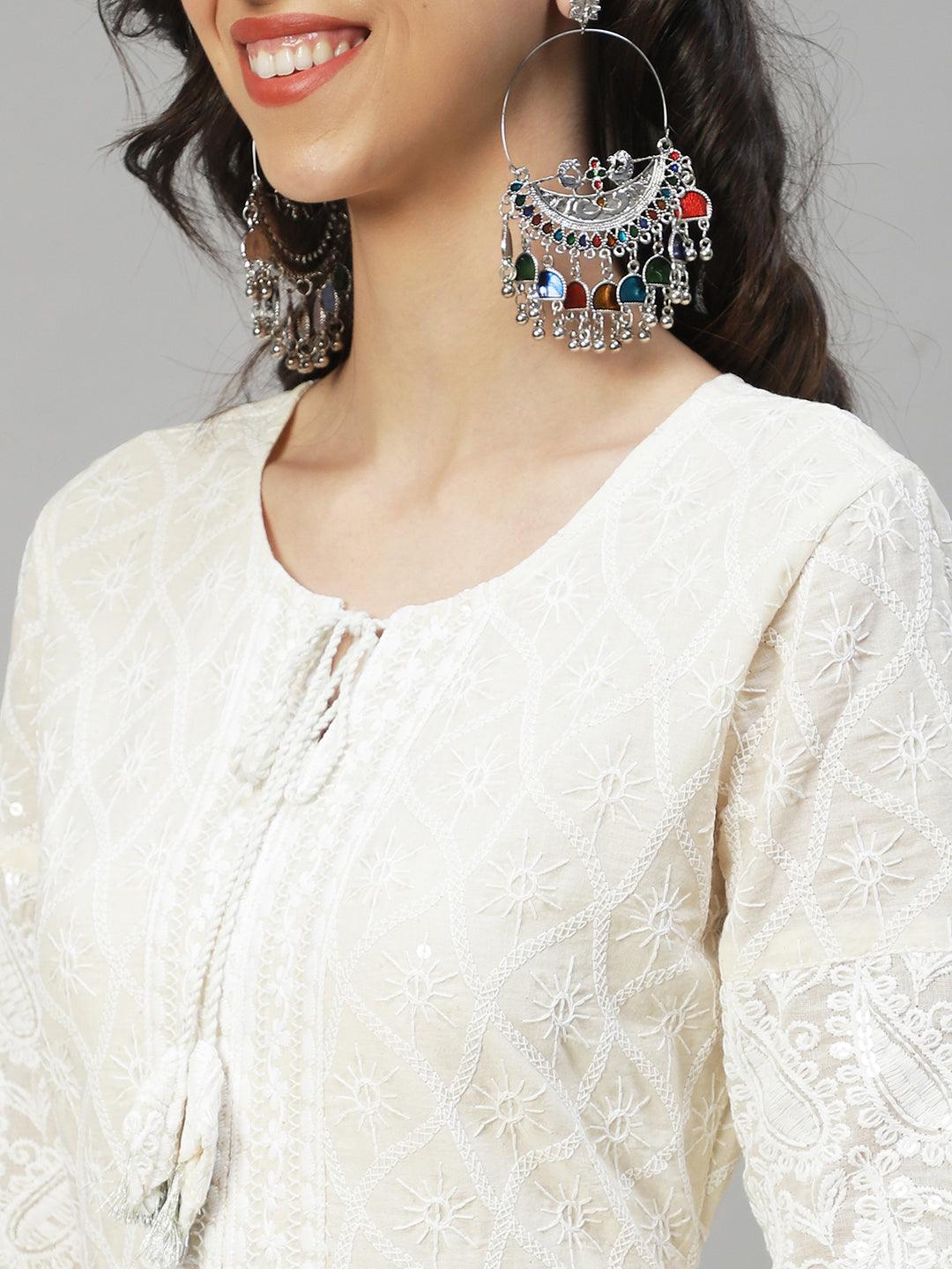 Chikankari Embroidered Anarkali Maxi Dress with Dupatta - Off White - Indiakreations