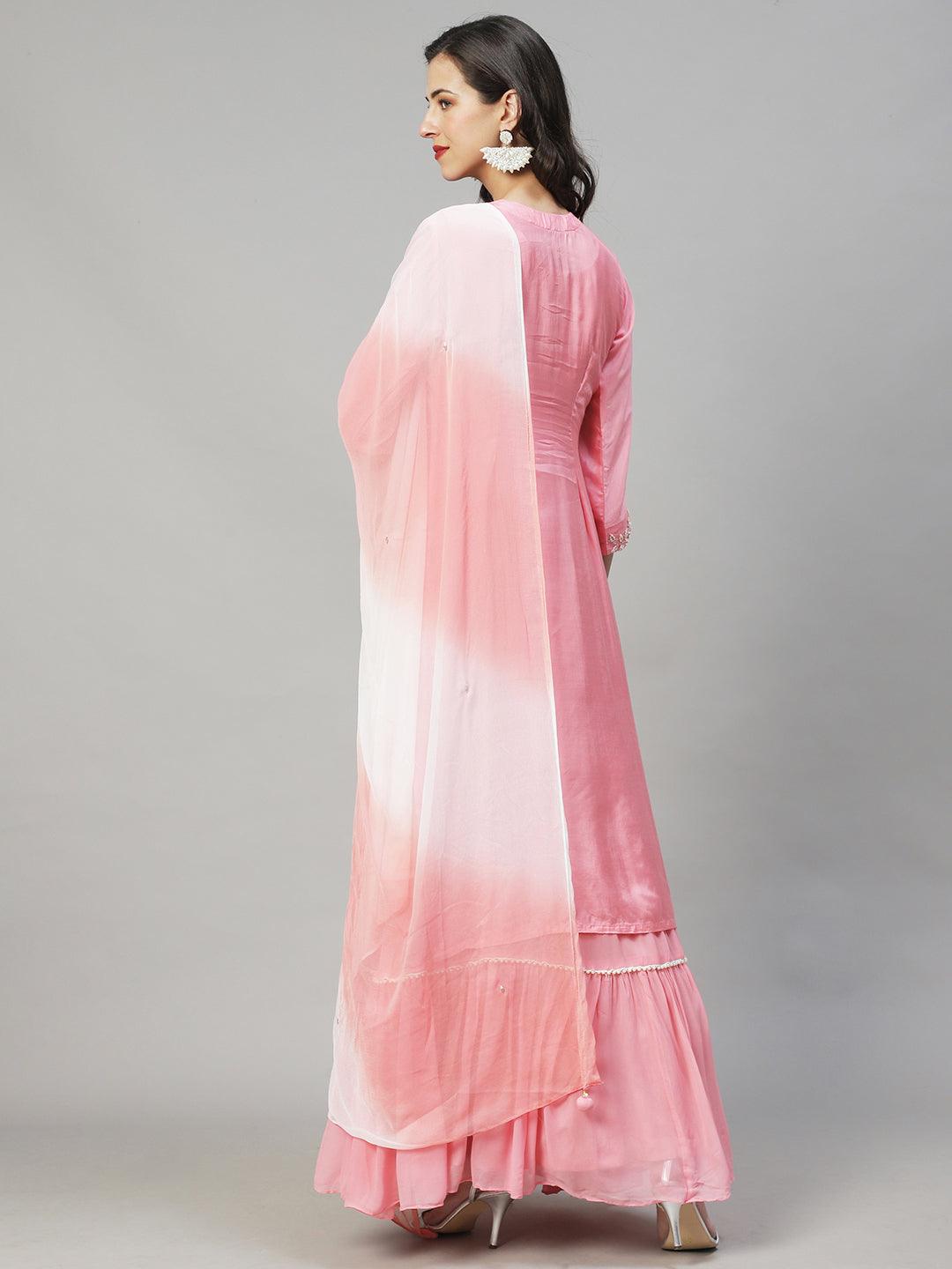 Solid Floral Hand Embroidered Kurta with Dress & Dupatta - Pink - Indiakreations