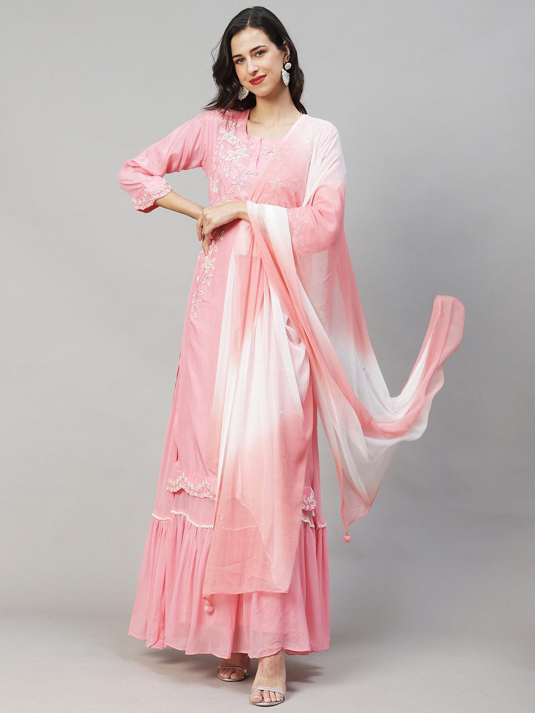 Solid Floral Hand Embroidered Kurta with Dress & Dupatta - Pink - Indiakreations