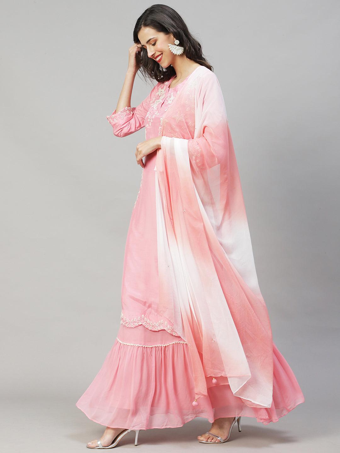 Solid Floral Hand Embroidered Kurta with Dress & Dupatta - Pink - Indiakreations