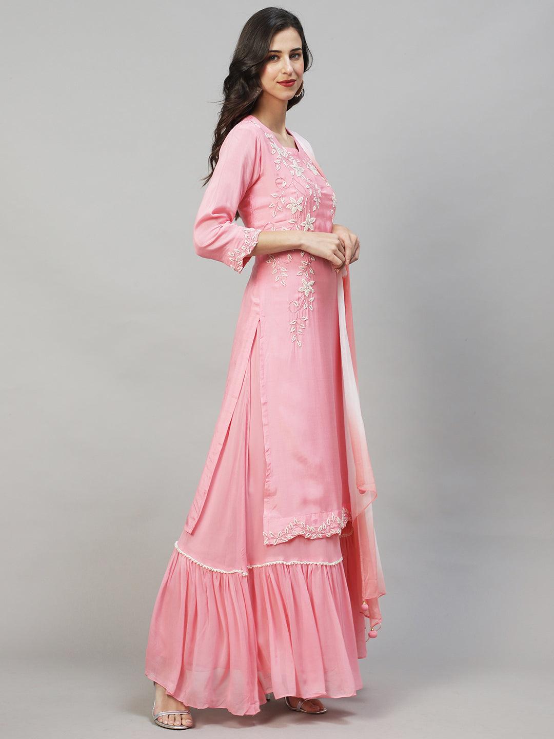 Solid Floral Hand Embroidered Kurta with Dress & Dupatta - Pink - Indiakreations