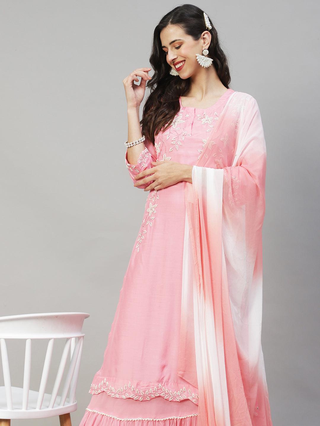 Solid Floral Hand Embroidered Kurta with Dress & Dupatta - Pink - Indiakreations