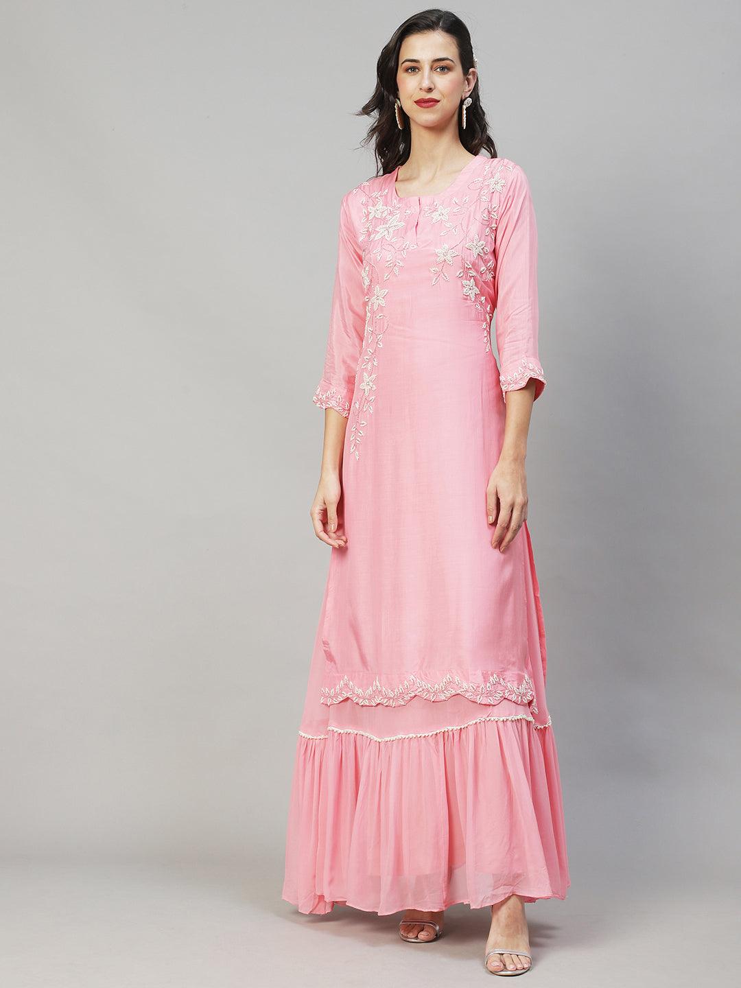 Solid Floral Hand Embroidered Kurta with Dress & Dupatta - Pink - Indiakreations