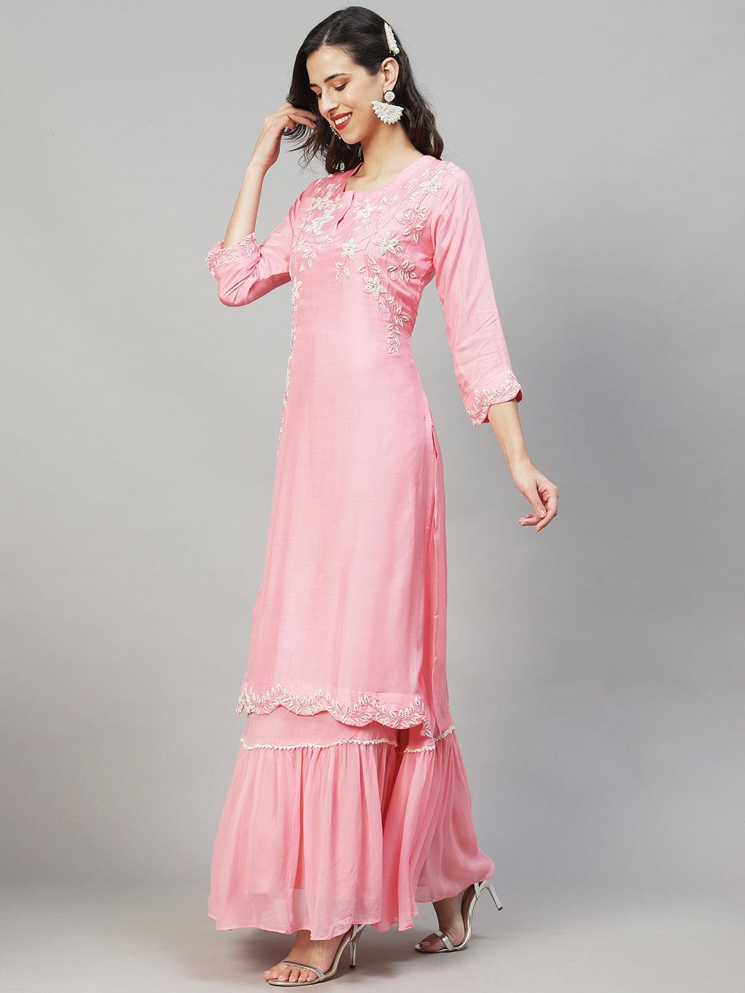 Solid Floral Hand Embroidered Kurta with Dress & Dupatta - Pink - Indiakreations