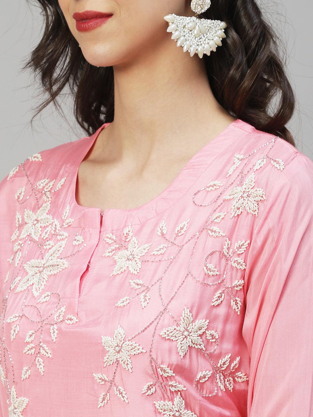 Solid Floral Hand Embroidered Kurta with Dress & Dupatta - Pink - Indiakreations