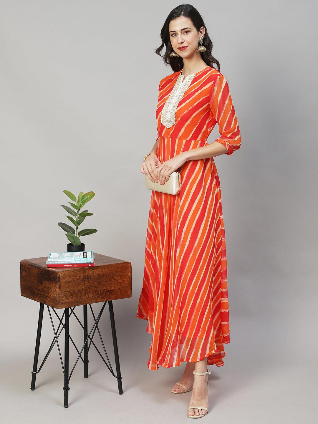 Leheriya Printed & Embroidered Flared Maxi Dress - Multi - Indiakreations