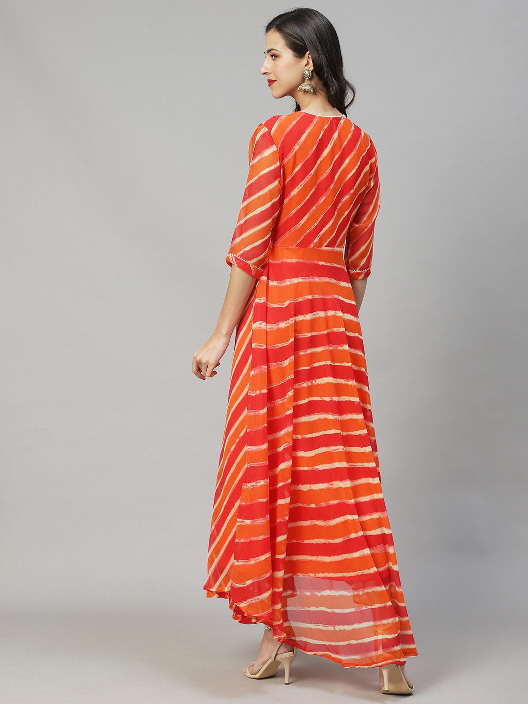 Leheriya Printed & Embroidered Flared Maxi Dress - Multi - Indiakreations