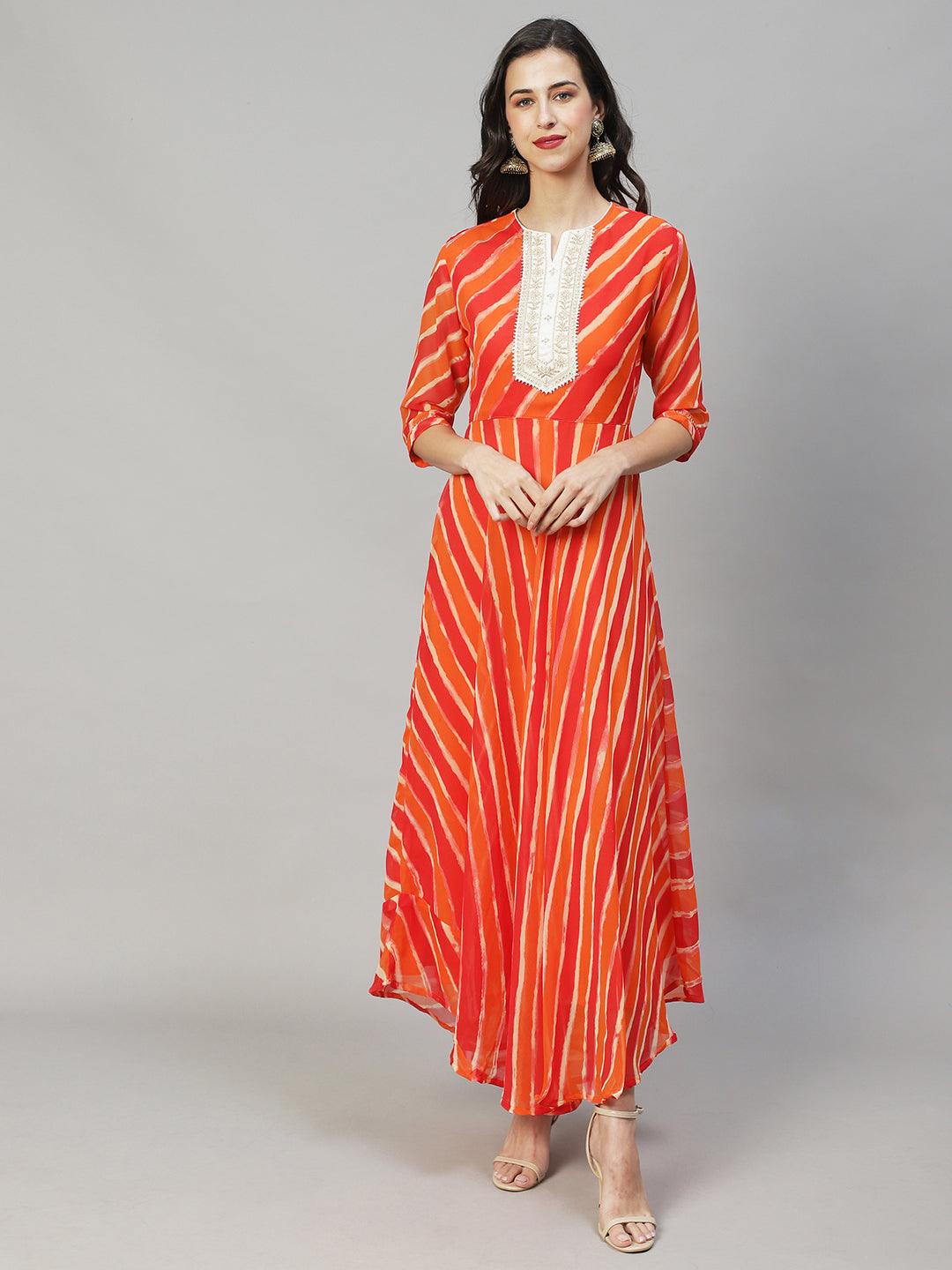 Leheriya Printed & Embroidered Flared Maxi Dress - Multi - Indiakreations