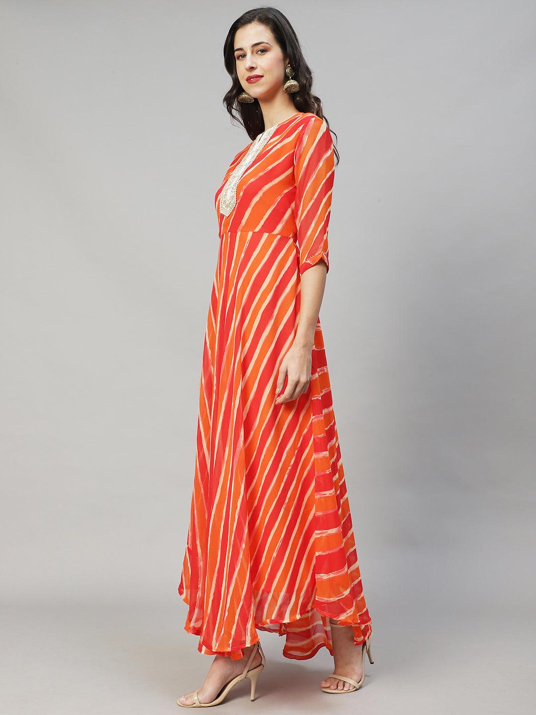 Leheriya Printed & Embroidered Flared Maxi Dress - Multi - Indiakreations