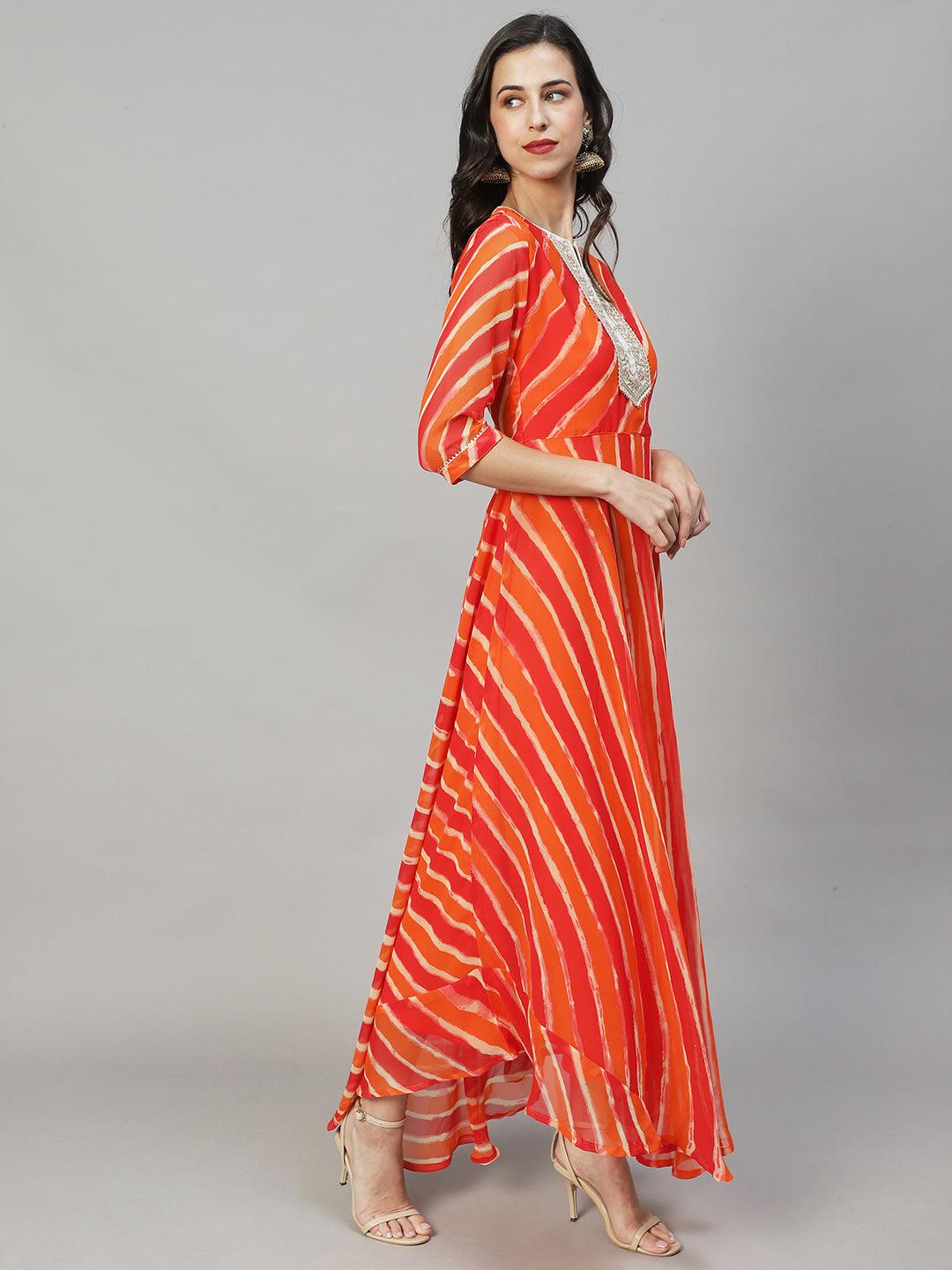 Leheriya Printed & Embroidered Flared Maxi Dress - Multi - Indiakreations