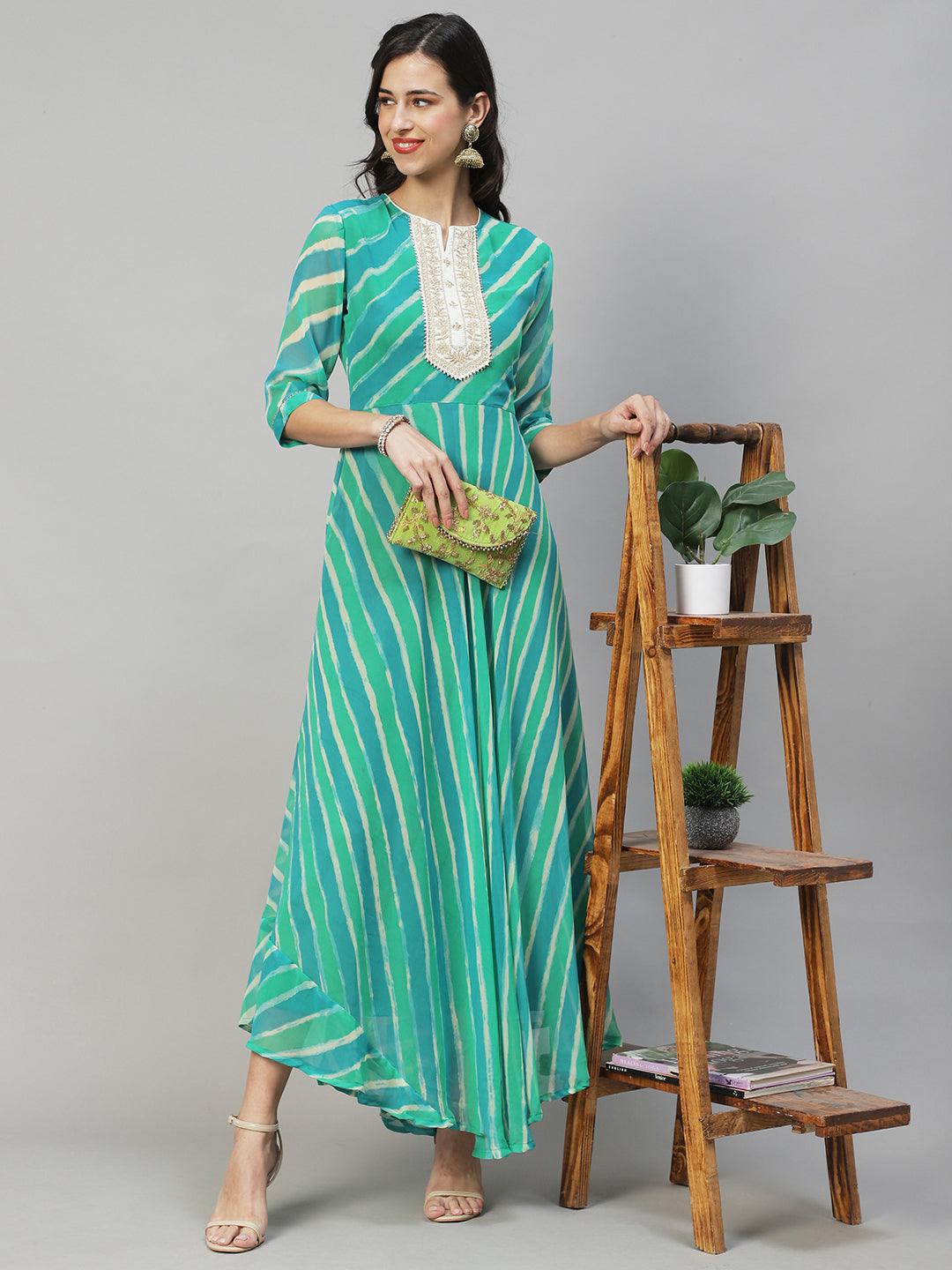 Leheriya Printed & Embroidered Flared Maxi Dress - Multi - Indiakreations