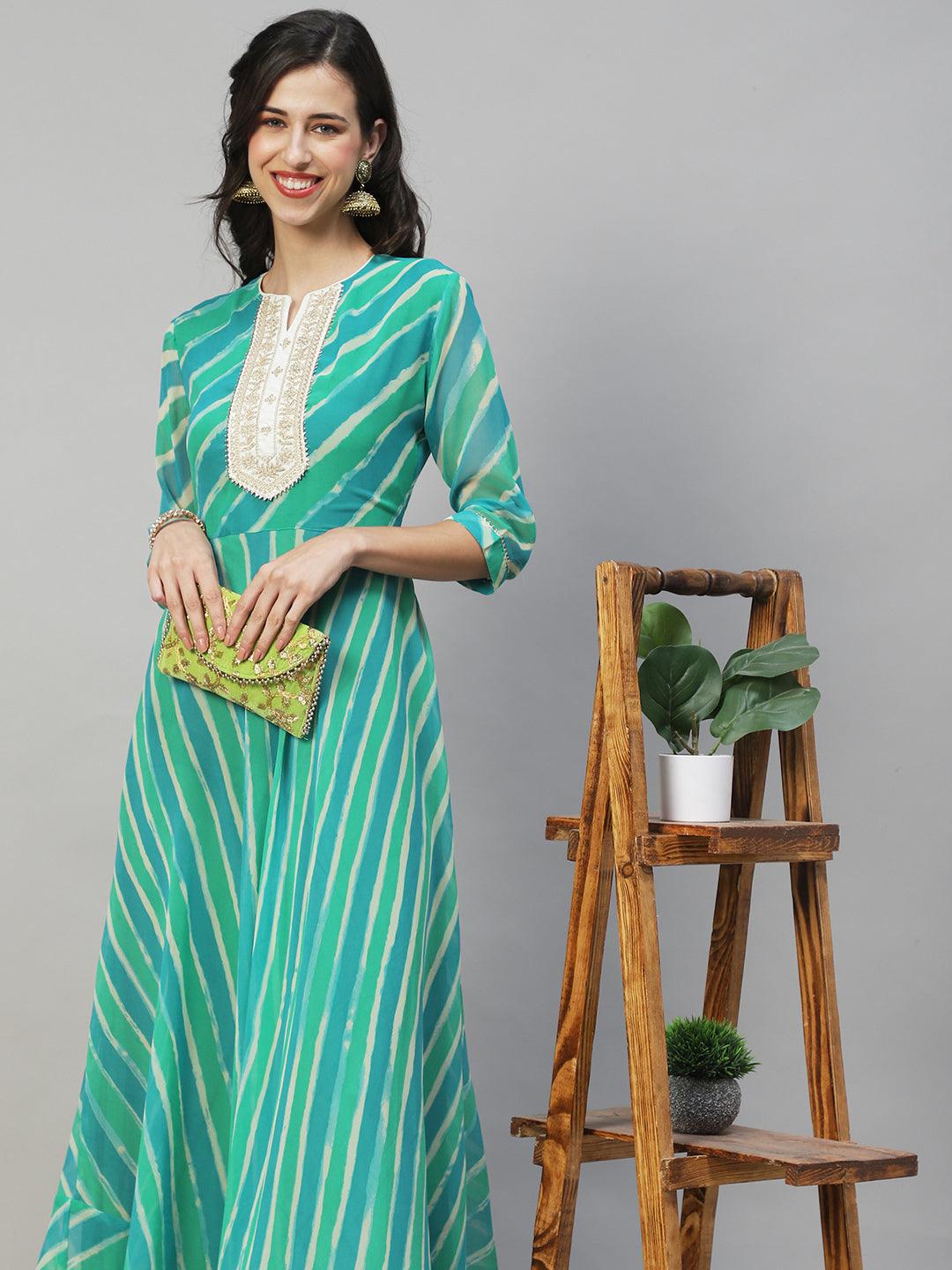 Leheriya Printed & Embroidered Flared Maxi Dress - Multi - Indiakreations