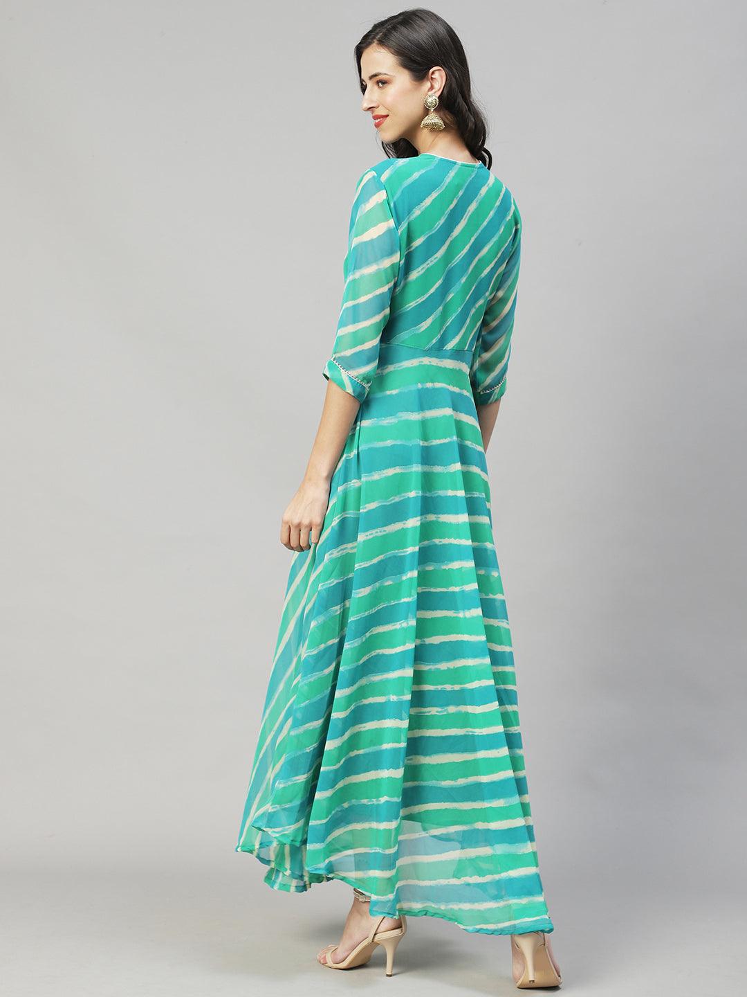 Leheriya Printed & Embroidered Flared Maxi Dress - Multi - Indiakreations