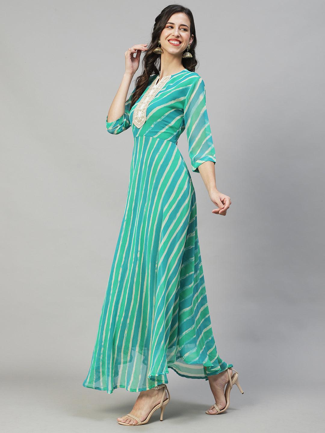 Leheriya Printed & Embroidered Flared Maxi Dress - Multi - Indiakreations