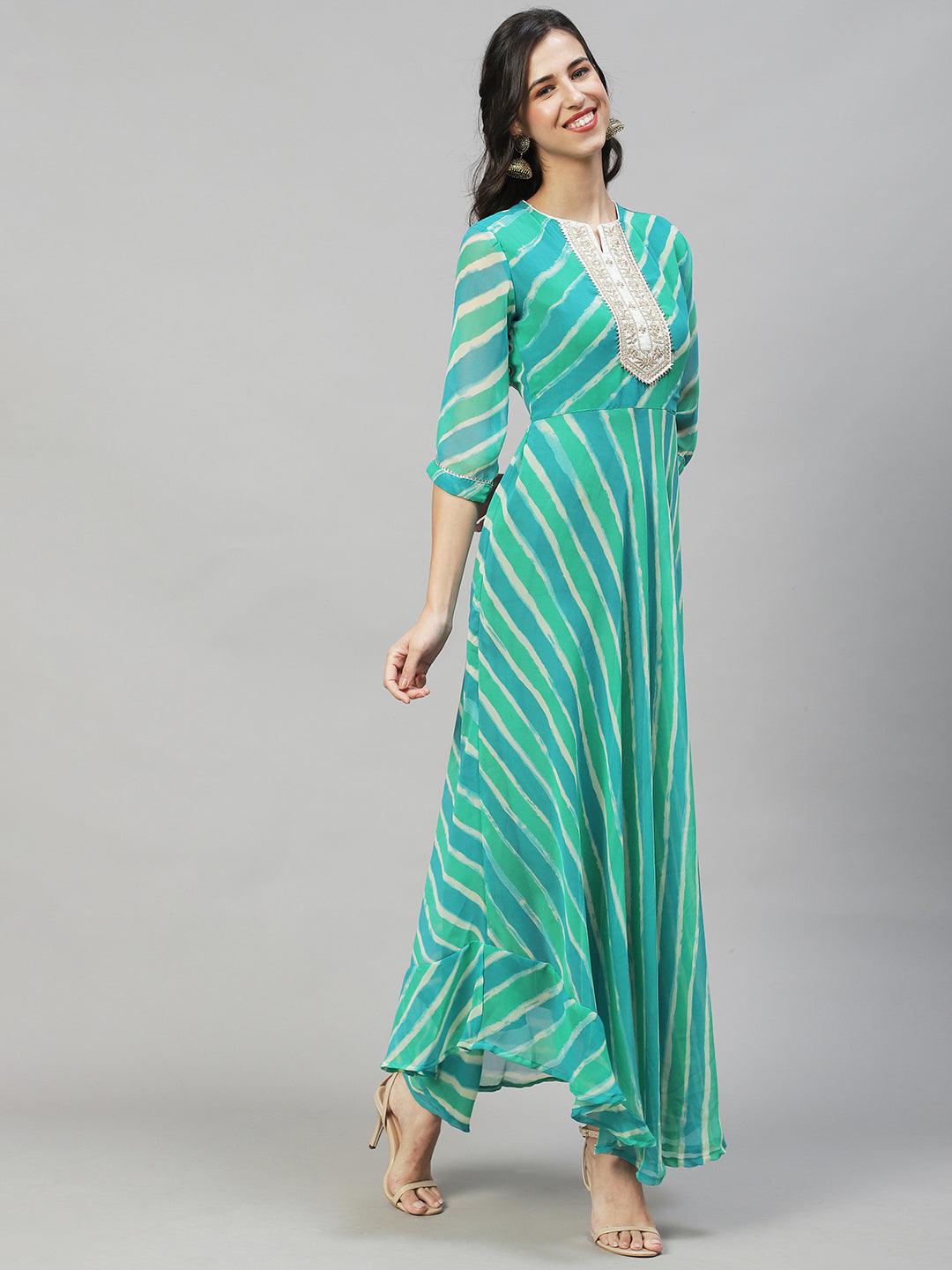 Leheriya Printed & Embroidered Flared Maxi Dress - Multi - Indiakreations