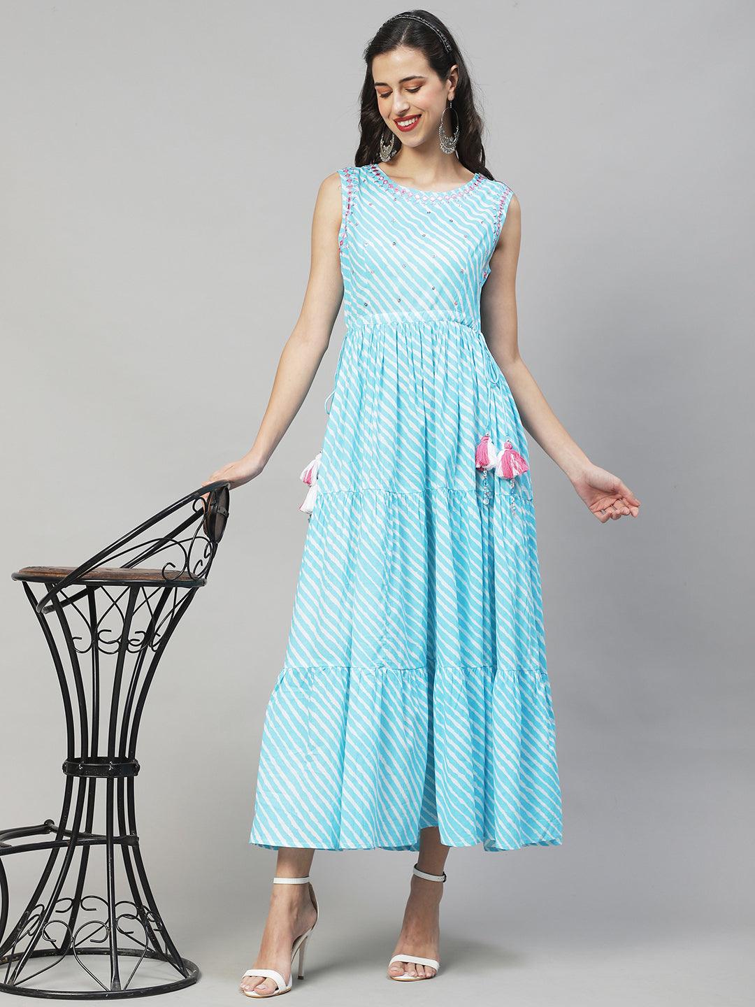 Leheriya Printed & Embroidered Tiered Flared Maxi Dress - Light Blue - Indiakreations