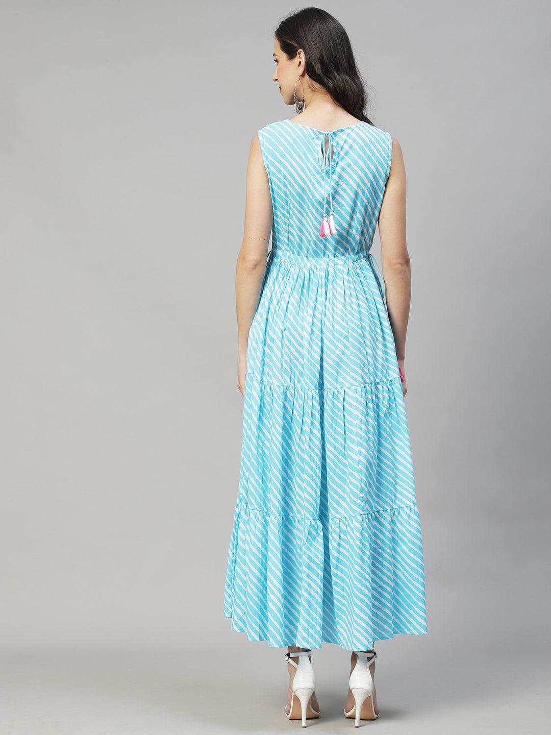 Leheriya Printed & Embroidered Tiered Flared Maxi Dress - Light Blue - Indiakreations