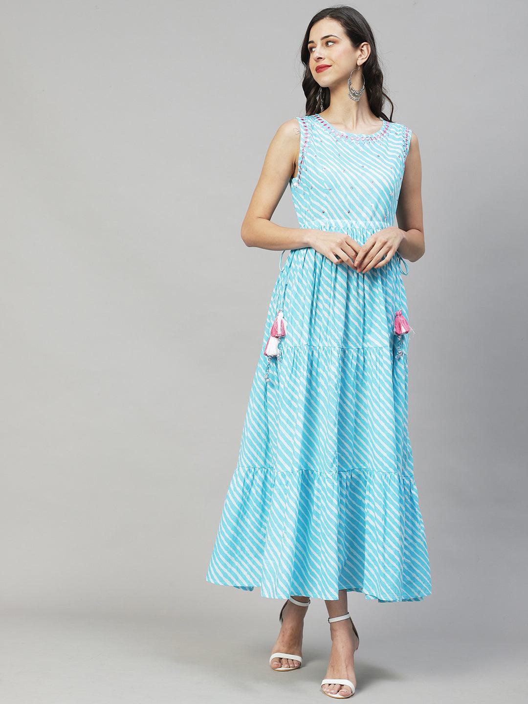 Leheriya Printed & Embroidered Tiered Flared Maxi Dress - Light Blue - Indiakreations