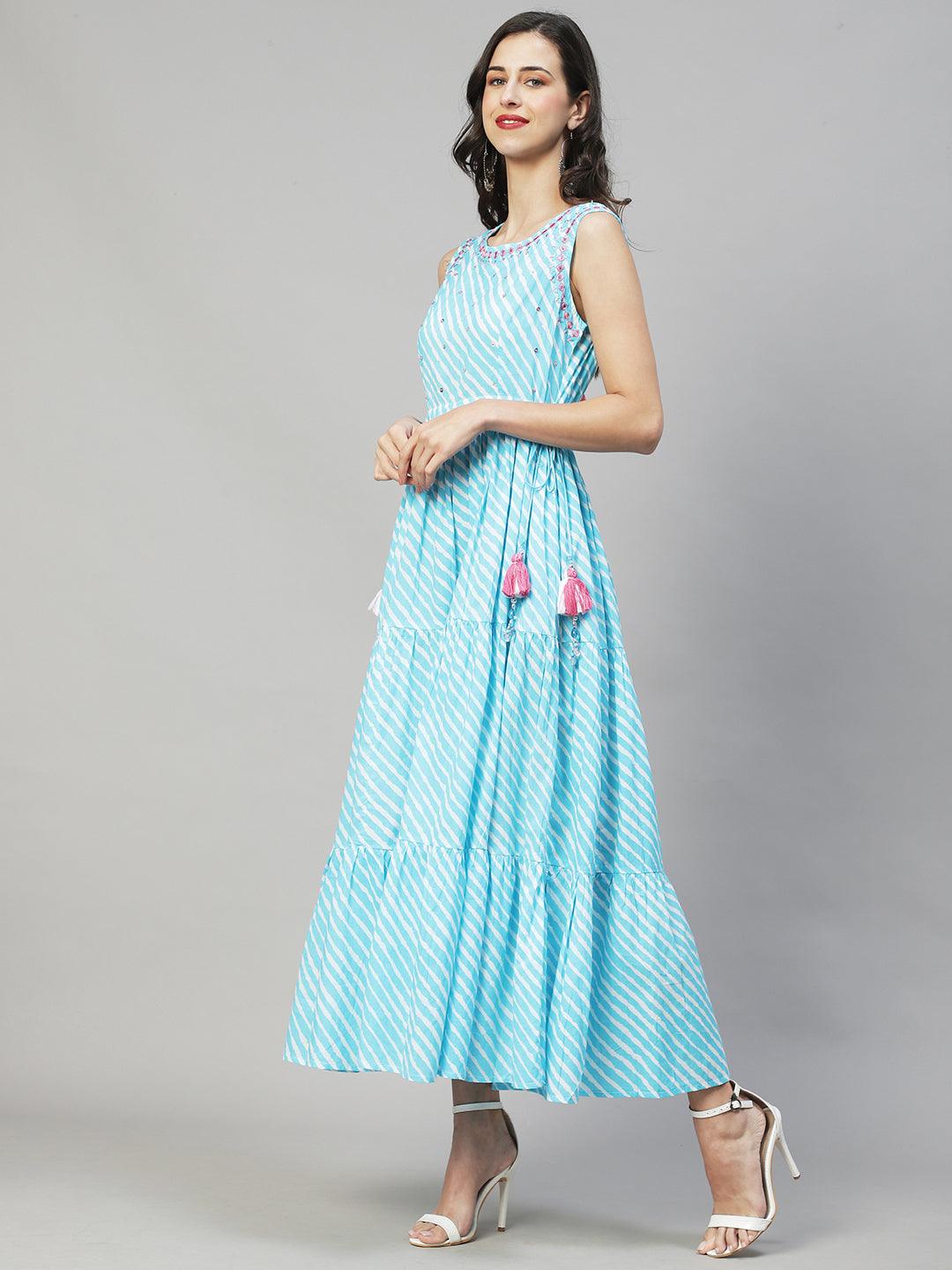 Leheriya Printed & Embroidered Tiered Flared Maxi Dress - Light Blue - Indiakreations