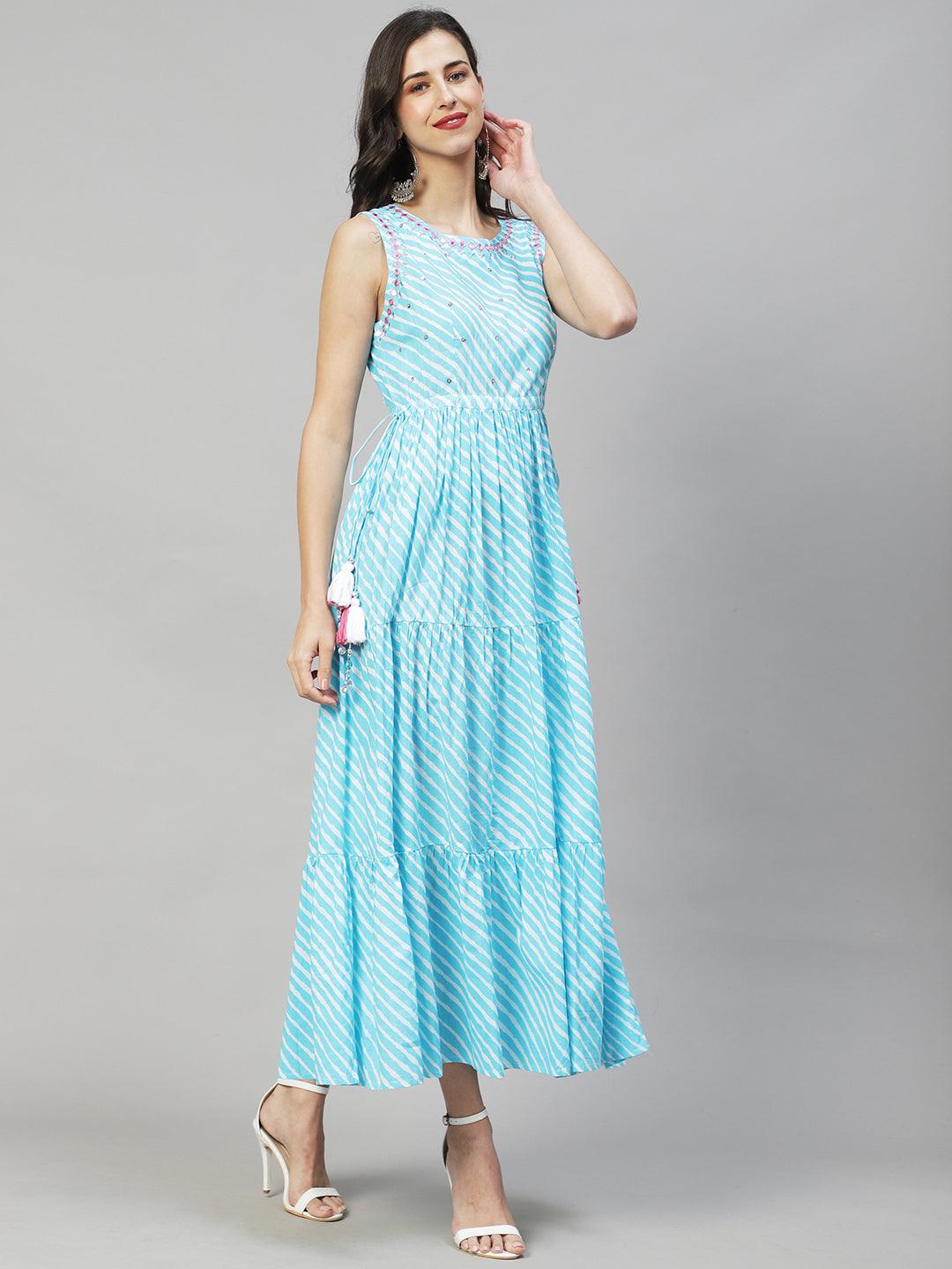 Leheriya Printed & Embroidered Tiered Flared Maxi Dress - Light Blue - Indiakreations