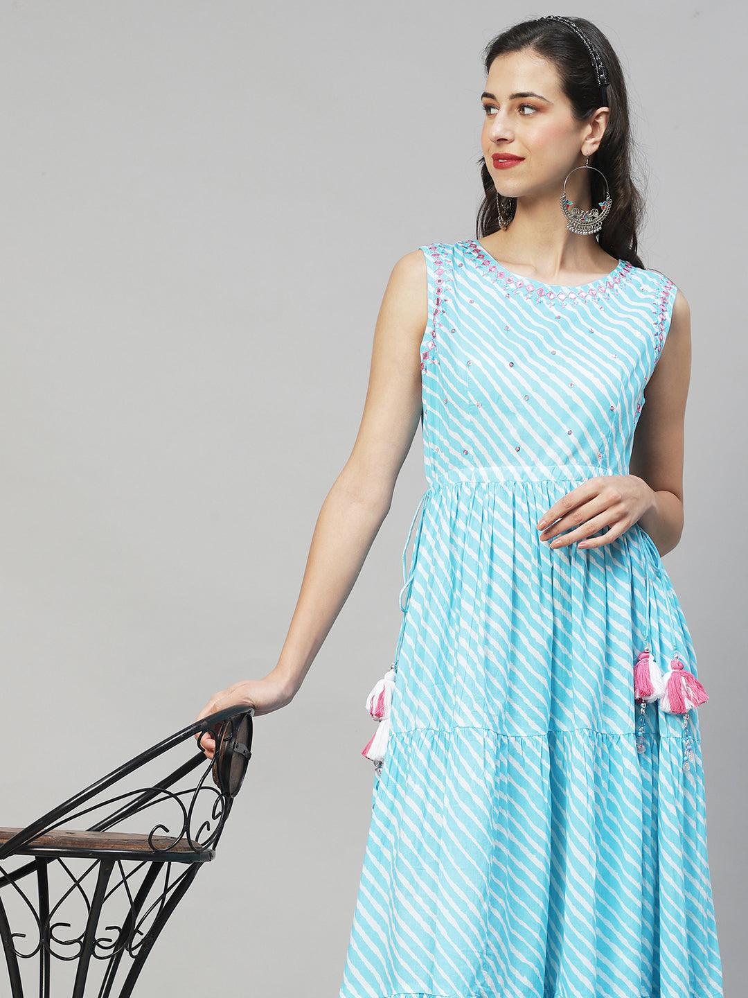 Leheriya Printed & Embroidered Tiered Flared Maxi Dress - Light Blue - Indiakreations