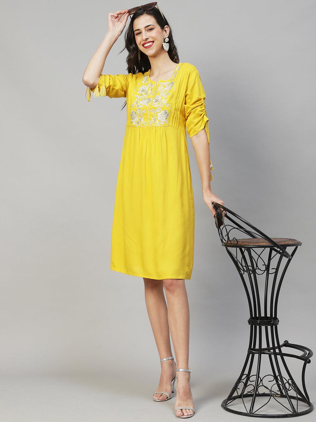 Floral Embroidered A-Line Midi Dress - Yellow - Indiakreations