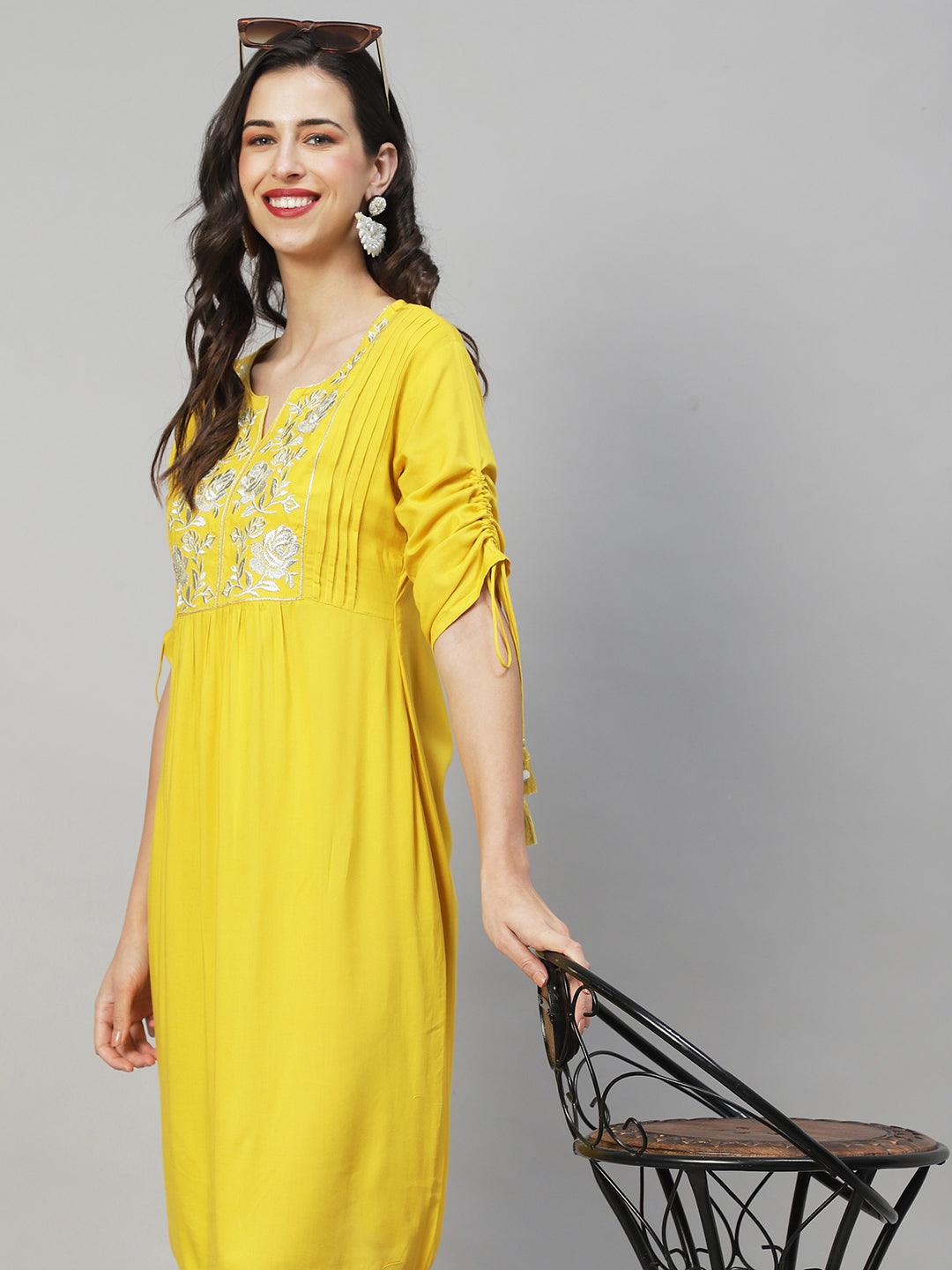 Floral Embroidered A-Line Midi Dress - Yellow - Indiakreations