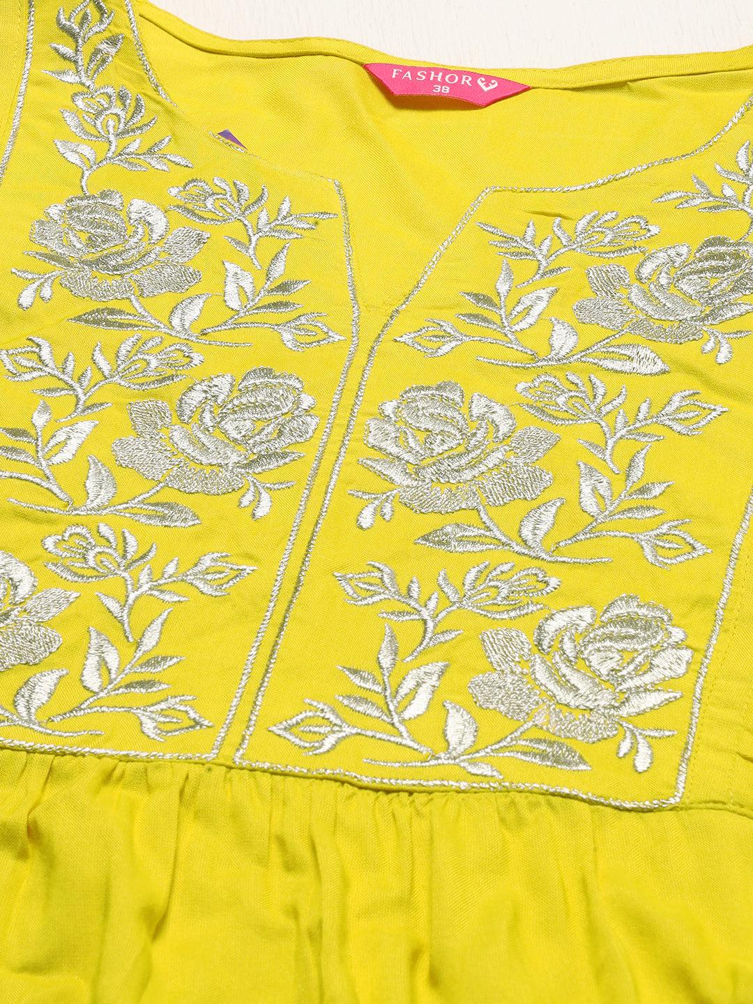 Floral Embroidered A-Line Midi Dress - Yellow - Indiakreations