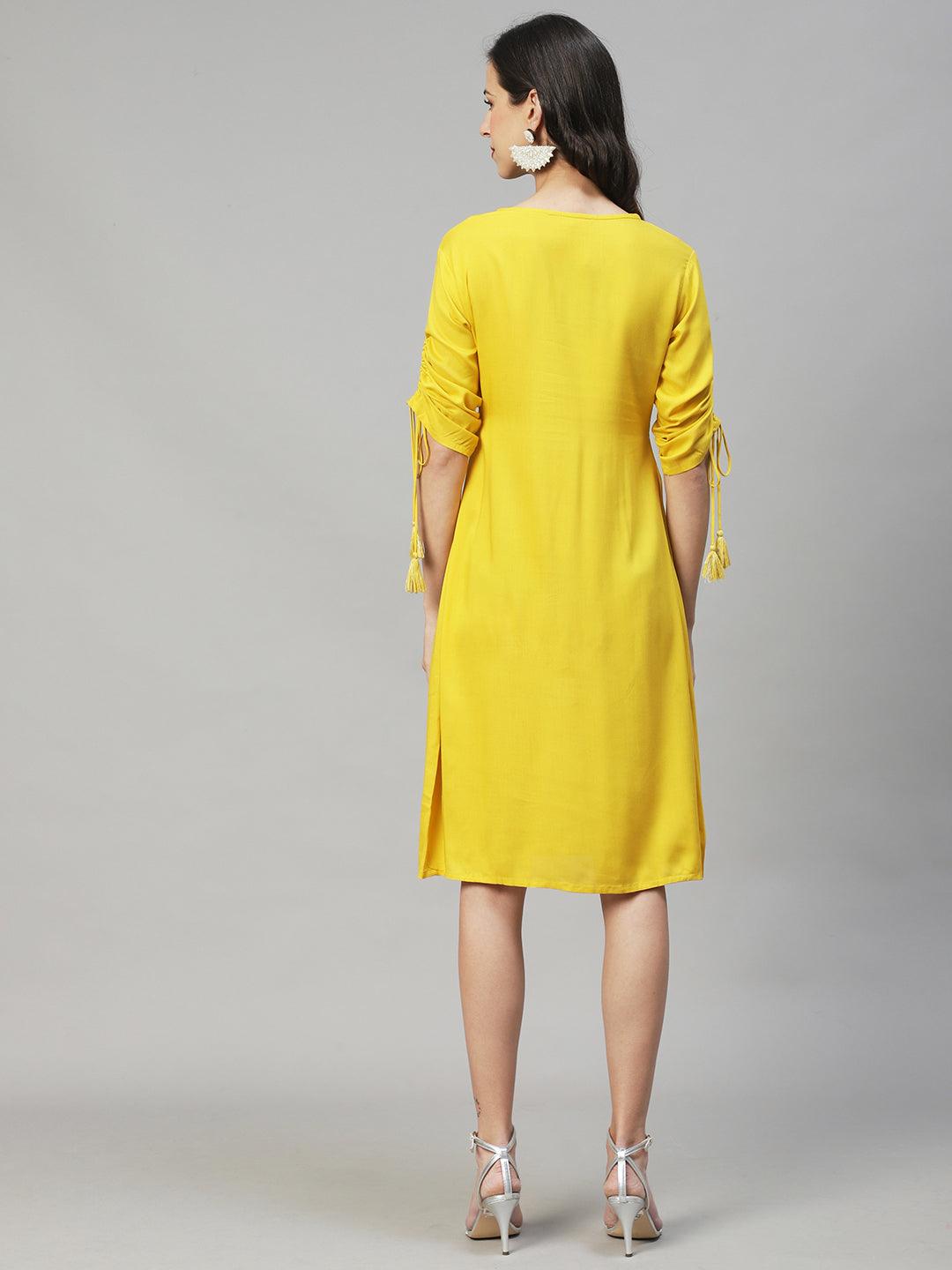 Floral Embroidered A-Line Midi Dress - Yellow - Indiakreations