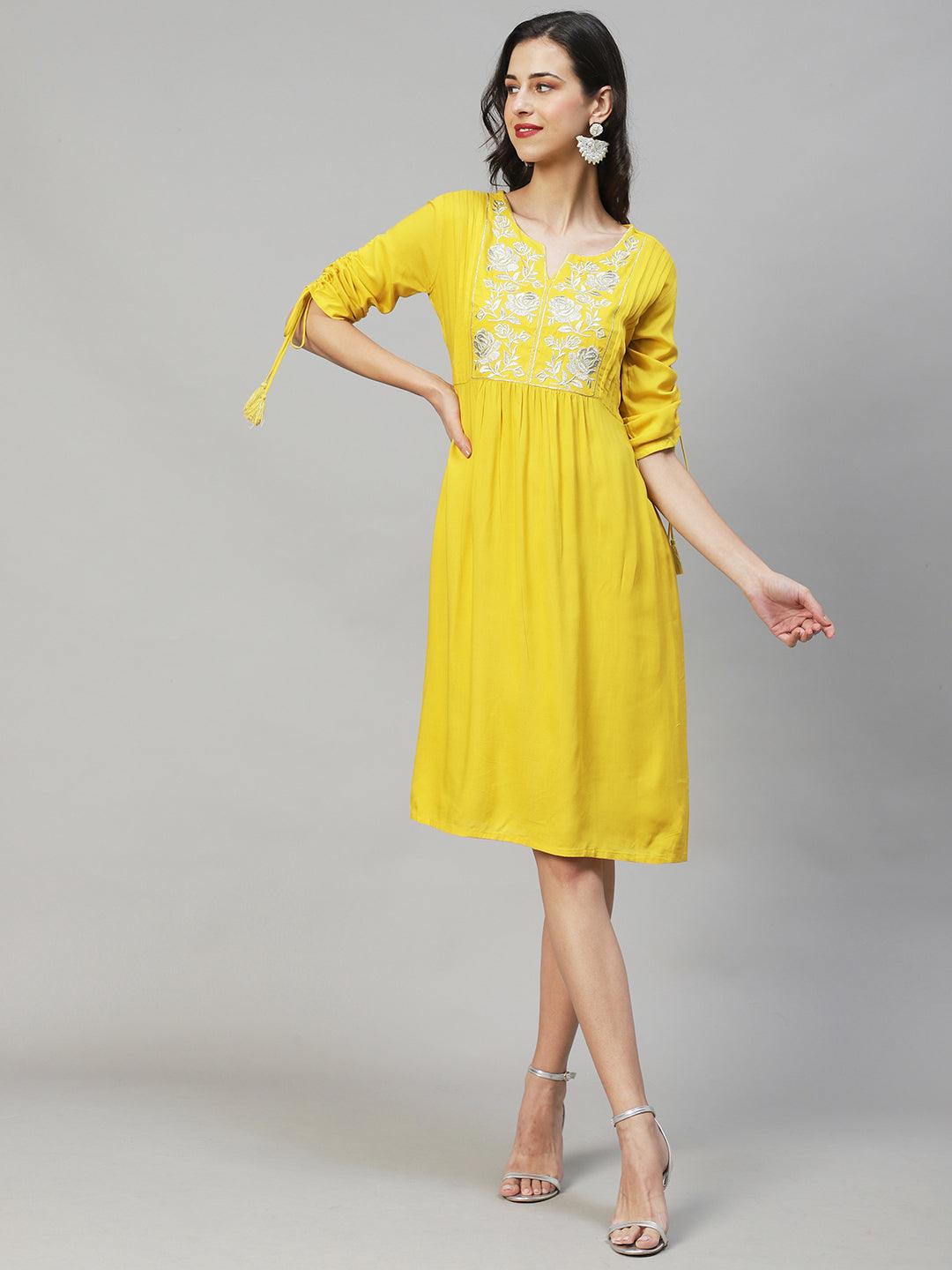 Floral Embroidered A-Line Midi Dress - Yellow - Indiakreations