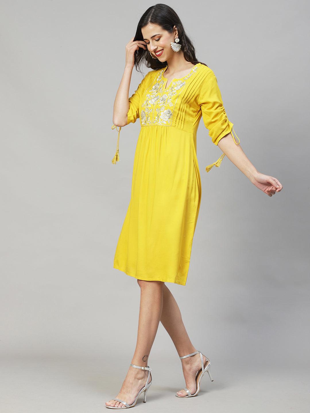 Floral Embroidered A-Line Midi Dress - Yellow - Indiakreations