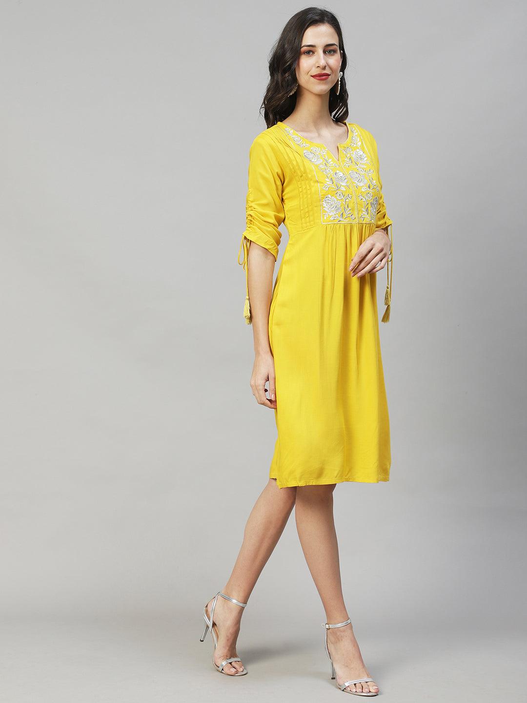 Floral Embroidered A-Line Midi Dress - Yellow - Indiakreations