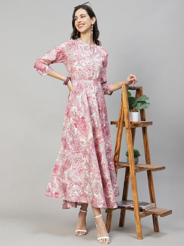 Floral Printed & Hand Embroidered Flared Maxi Dress - Pastel Pink - Indiakreations