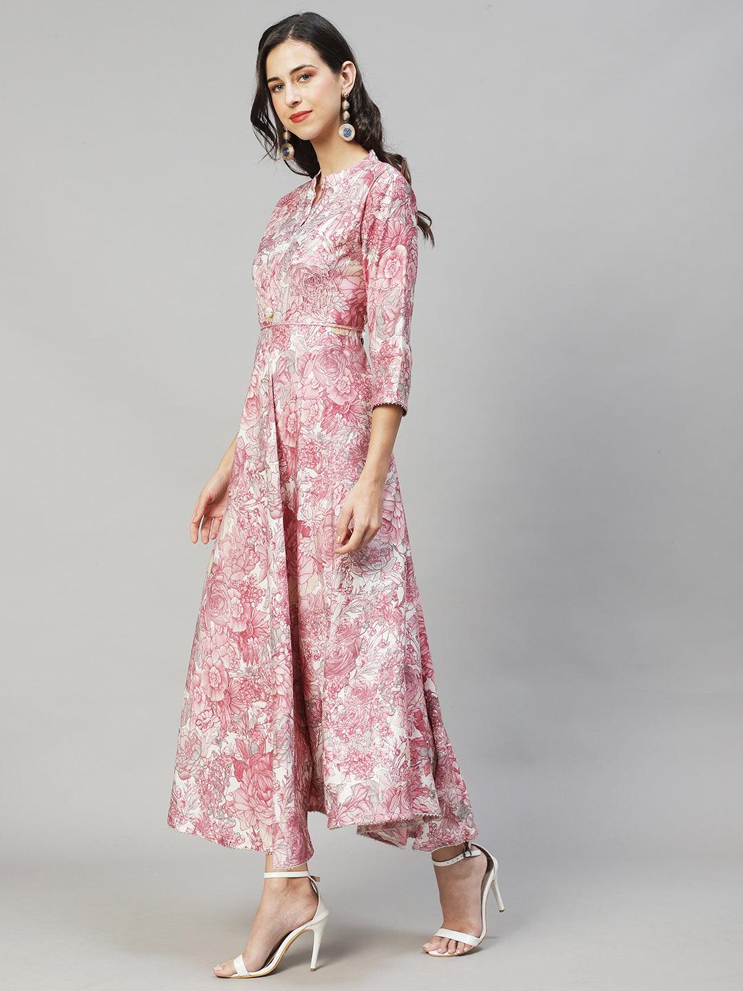 Floral Printed & Hand Embroidered Flared Maxi Dress - Pastel Pink - Indiakreations