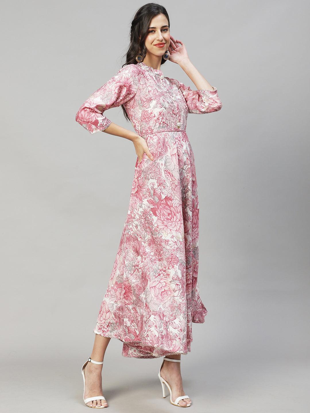 Floral Printed & Hand Embroidered Flared Maxi Dress - Pastel Pink - Indiakreations