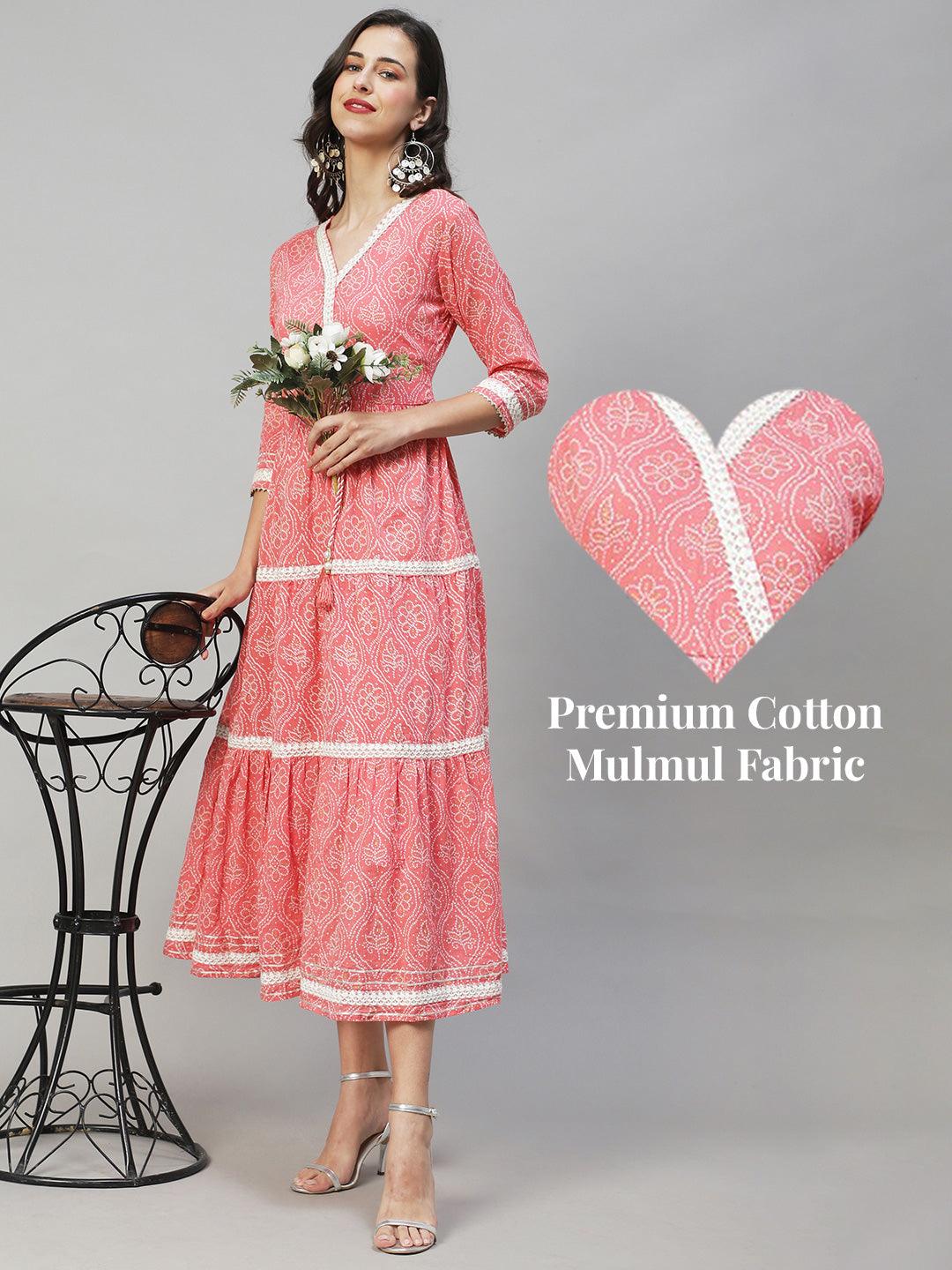 Ethnic Printed & Embroidered Tiered Flared Maxi Dress - Pink - Indiakreations