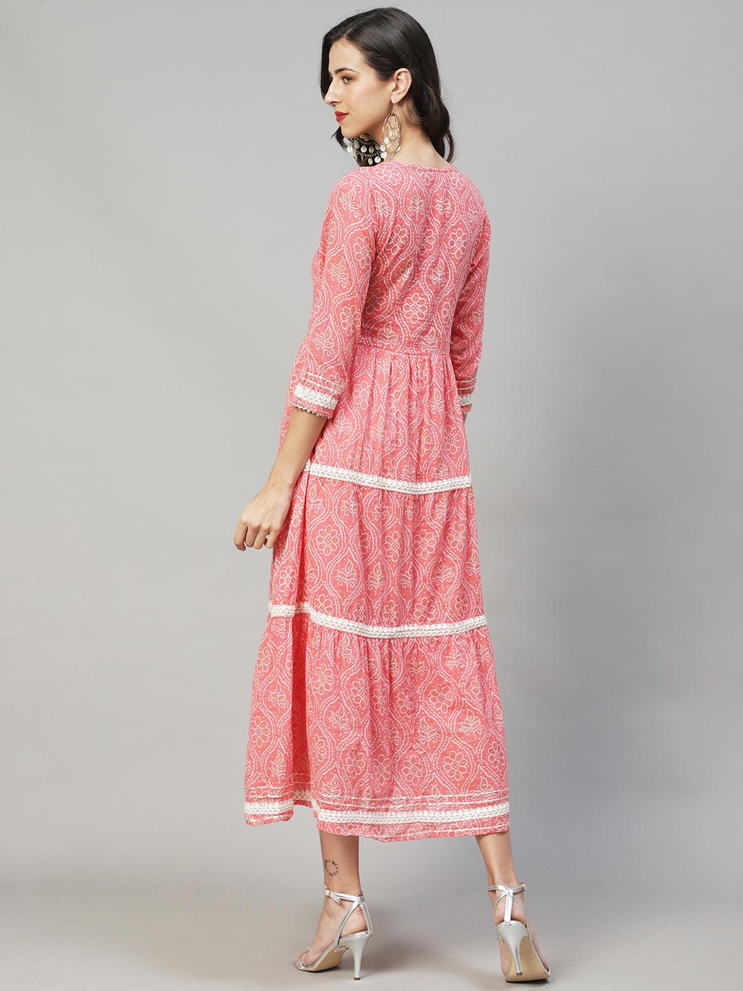 Ethnic Printed & Embroidered Tiered Flared Maxi Dress - Pink - Indiakreations