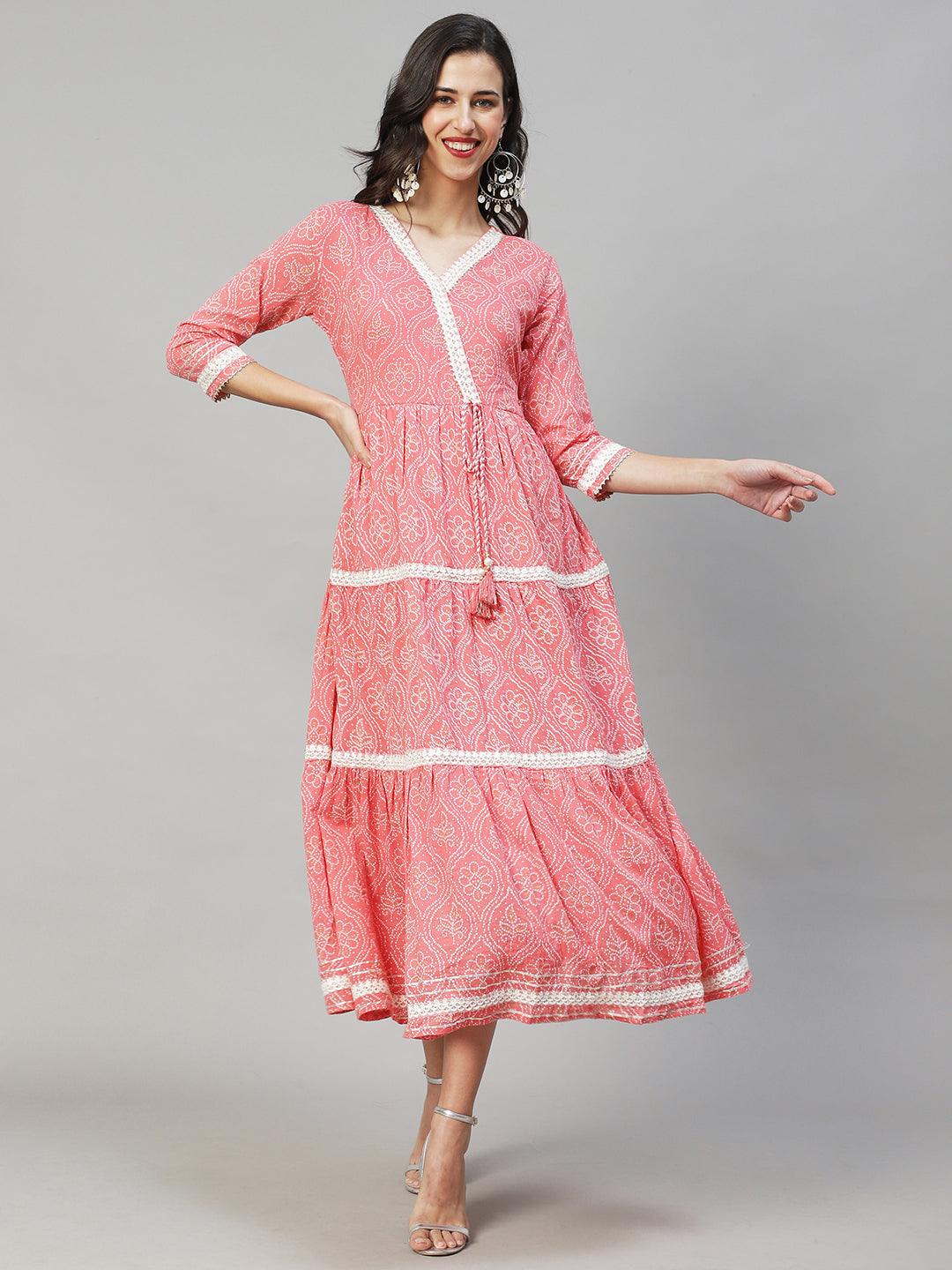 Ethnic Printed & Embroidered Tiered Flared Maxi Dress - Pink - Indiakreations