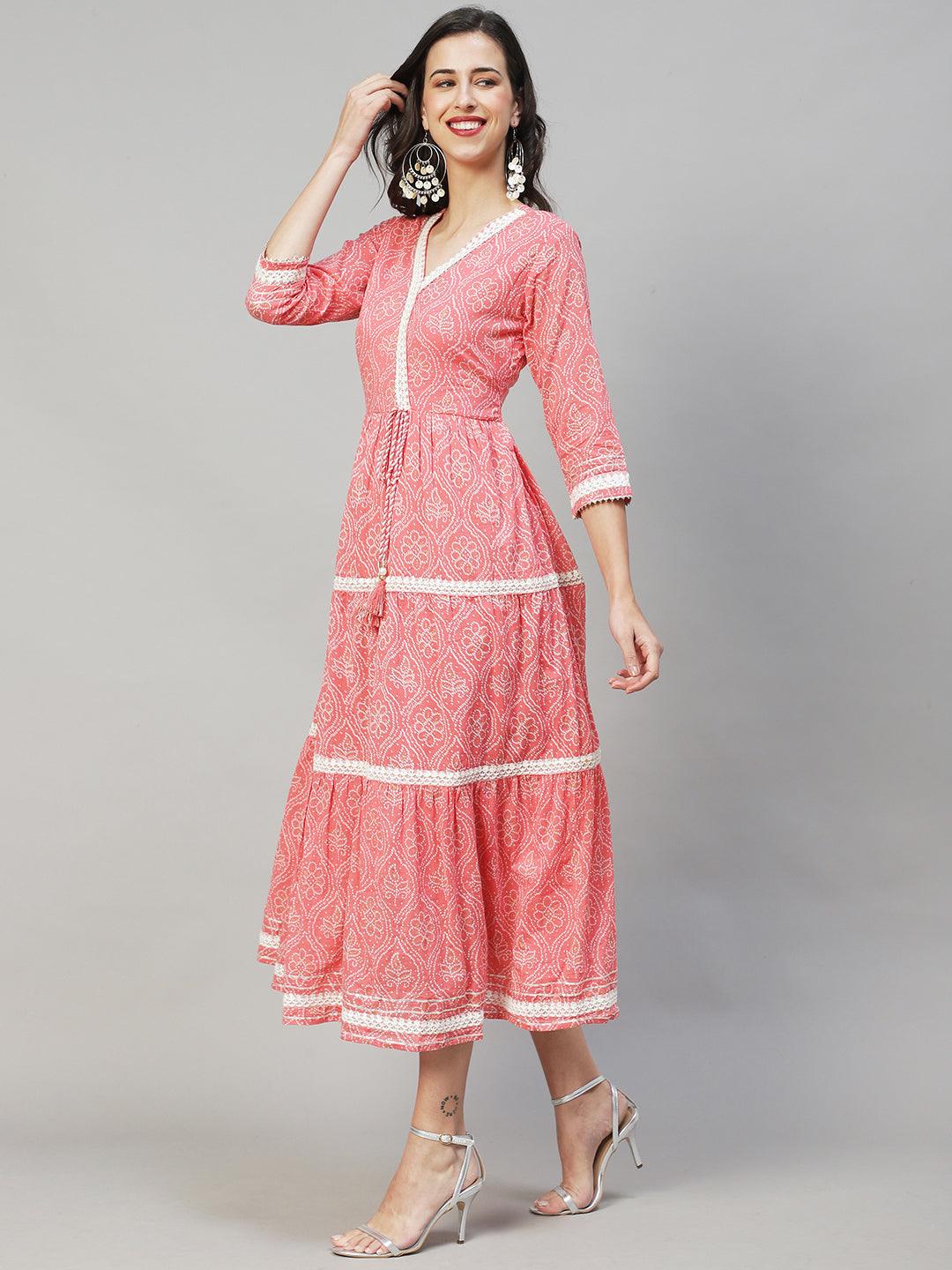 Ethnic Printed & Embroidered Tiered Flared Maxi Dress - Pink - Indiakreations