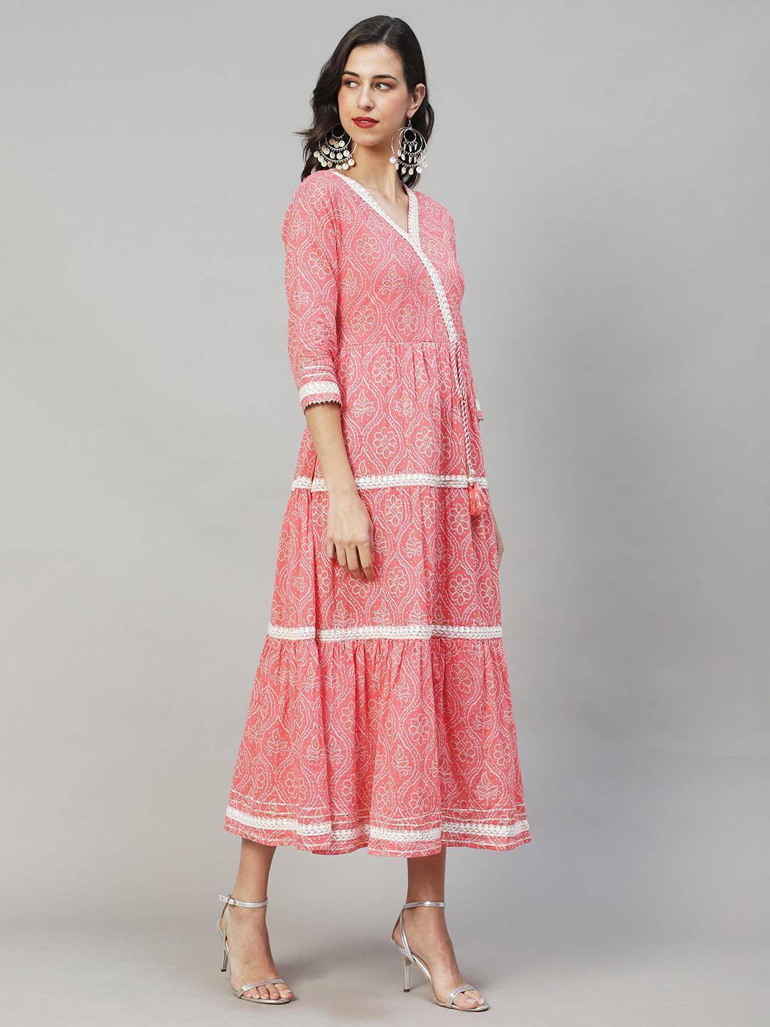 Ethnic Printed & Embroidered Tiered Flared Maxi Dress - Pink - Indiakreations