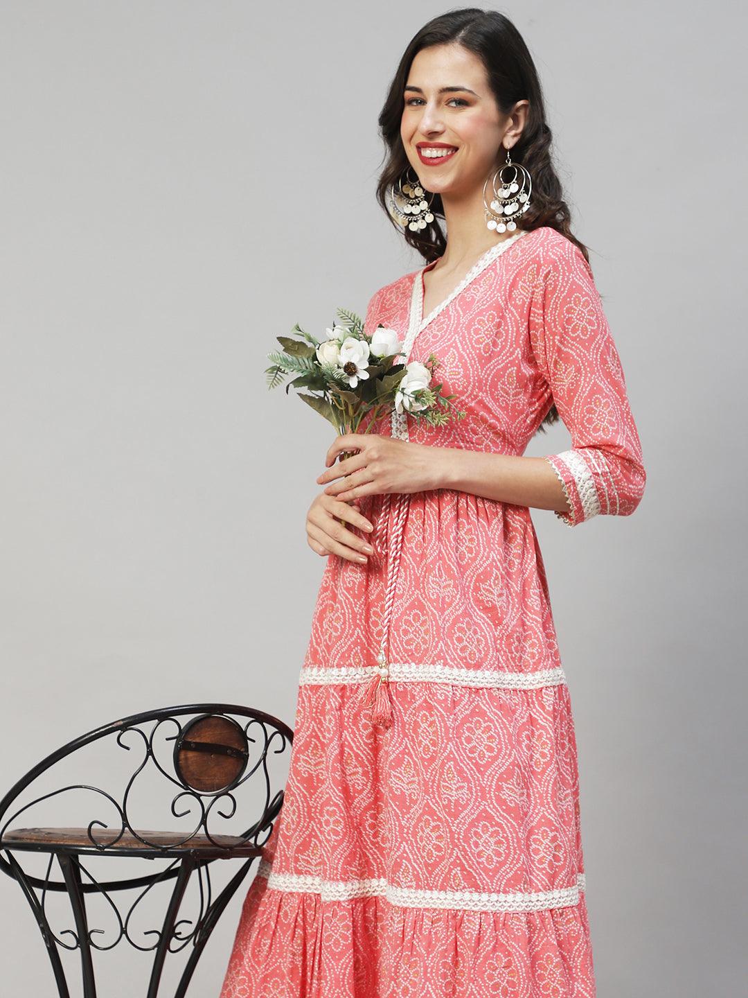 Ethnic Printed & Embroidered Tiered Flared Maxi Dress - Pink - Indiakreations