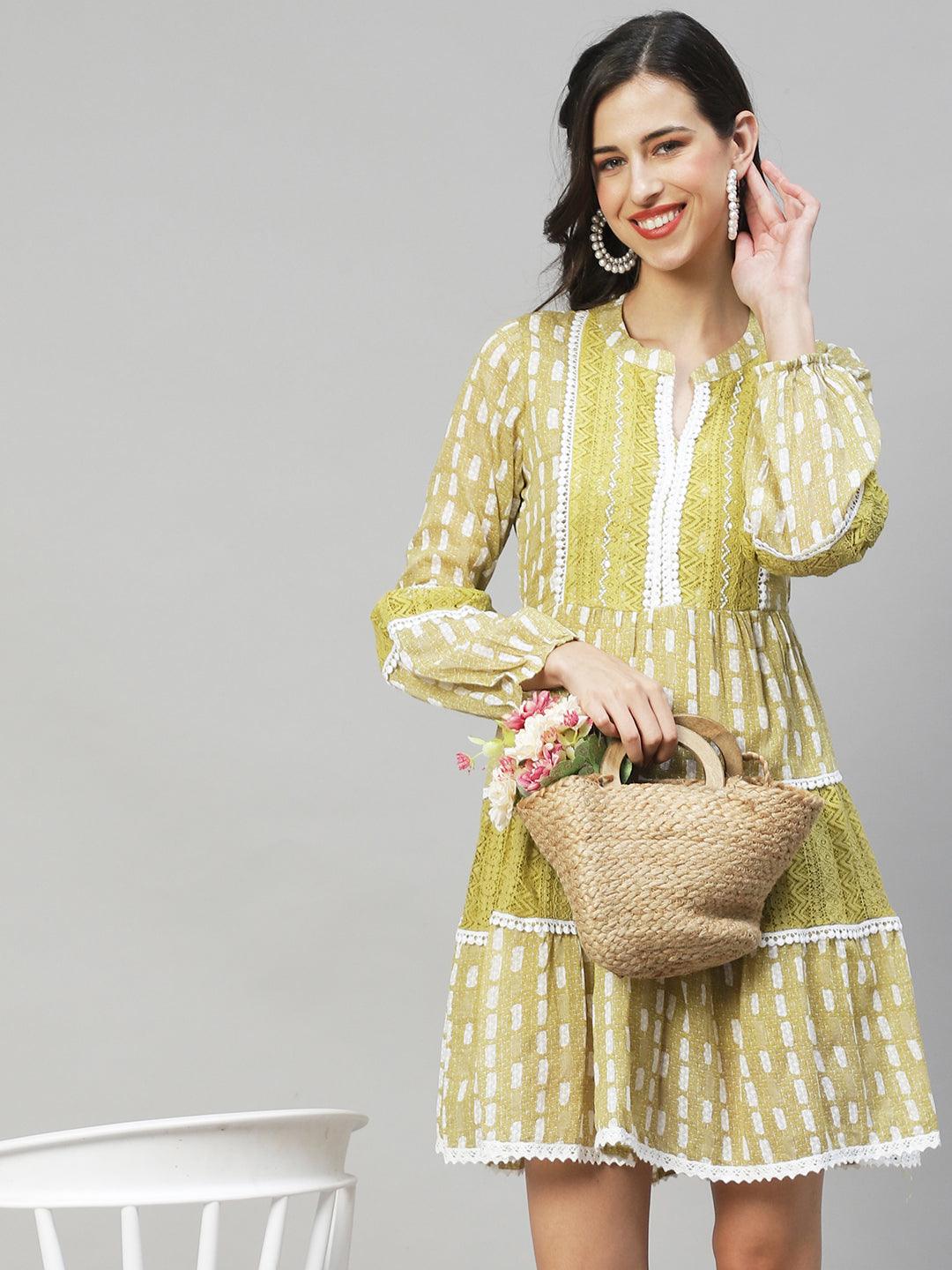 Ethnic Printed & Embroidered A-Line Midi Dress - Mustard Green - Indiakreations