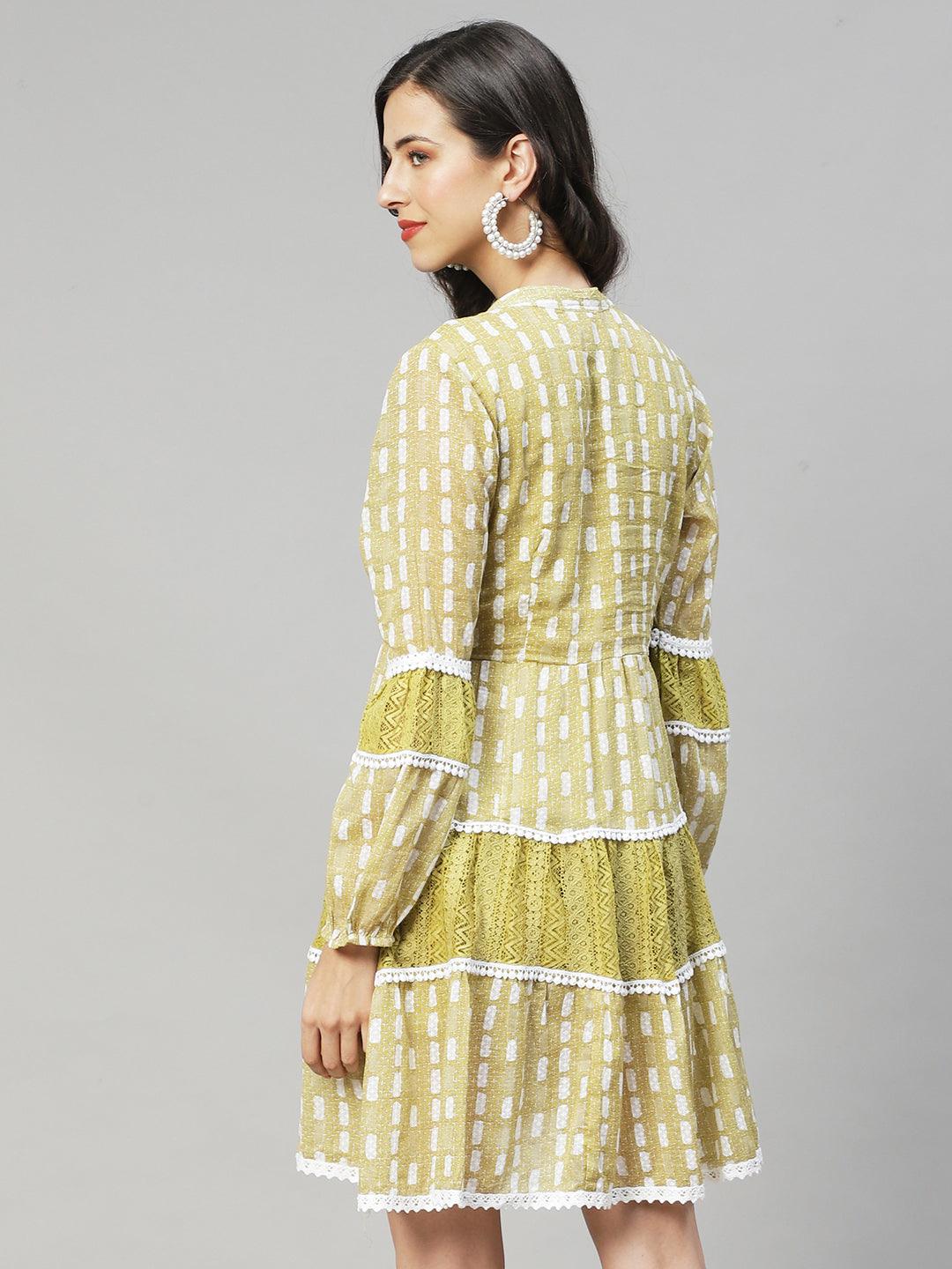 Ethnic Printed & Embroidered A-Line Midi Dress - Mustard Green - Indiakreations