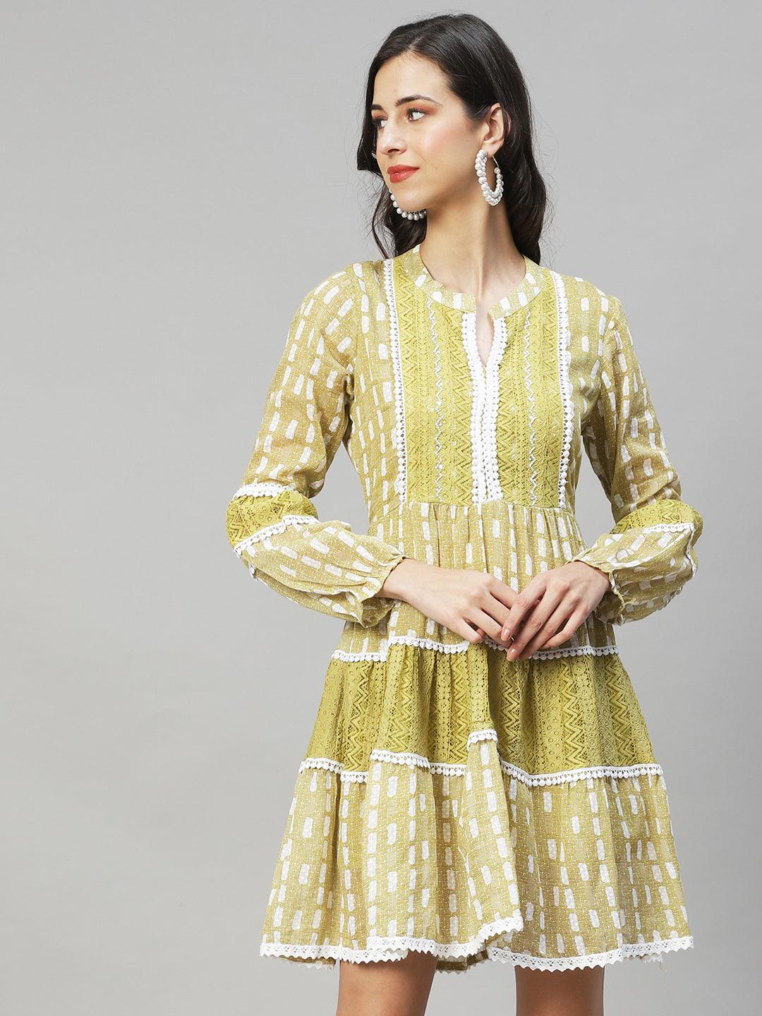 Ethnic Printed & Embroidered A-Line Midi Dress - Mustard Green - Indiakreations