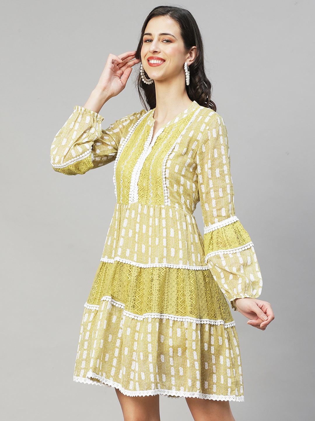 Ethnic Printed & Embroidered A-Line Midi Dress - Mustard Green - Indiakreations