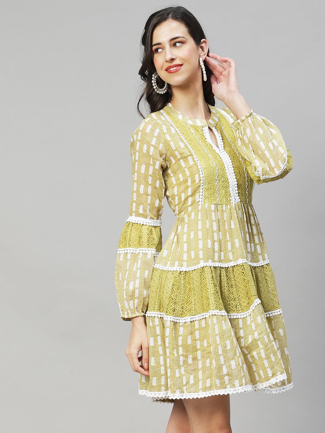 Ethnic Printed & Embroidered A-Line Midi Dress - Mustard Green - Indiakreations