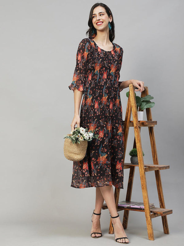 Floral Printed A-Line Midi Dress - Multi - Indiakreations