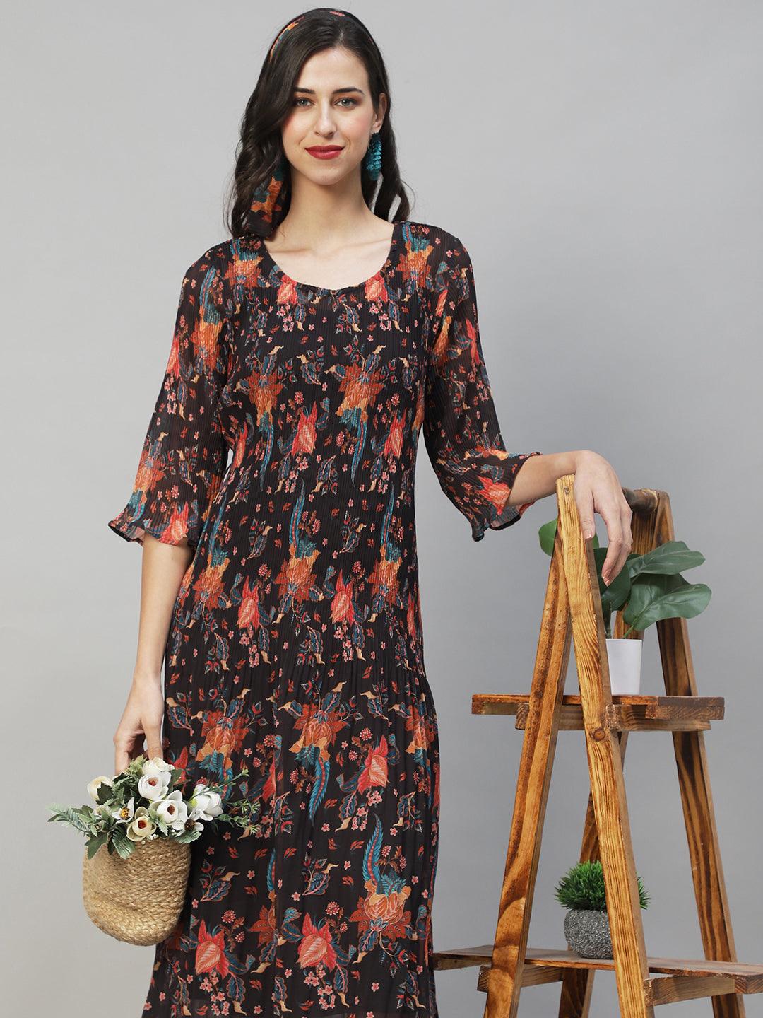 Floral Printed A-Line Midi Dress - Multi - Indiakreations