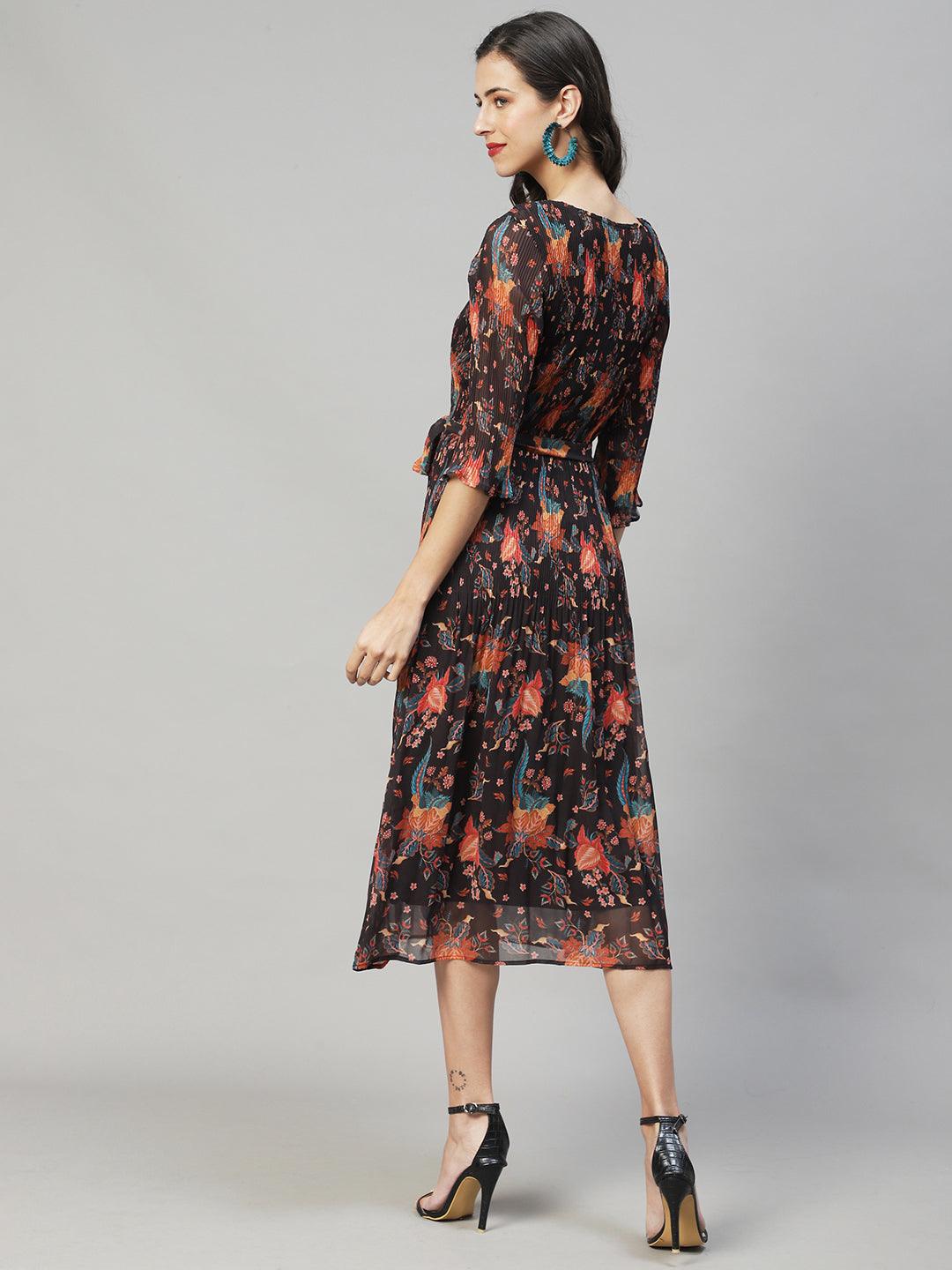 Floral Printed A-Line Midi Dress - Multi - Indiakreations