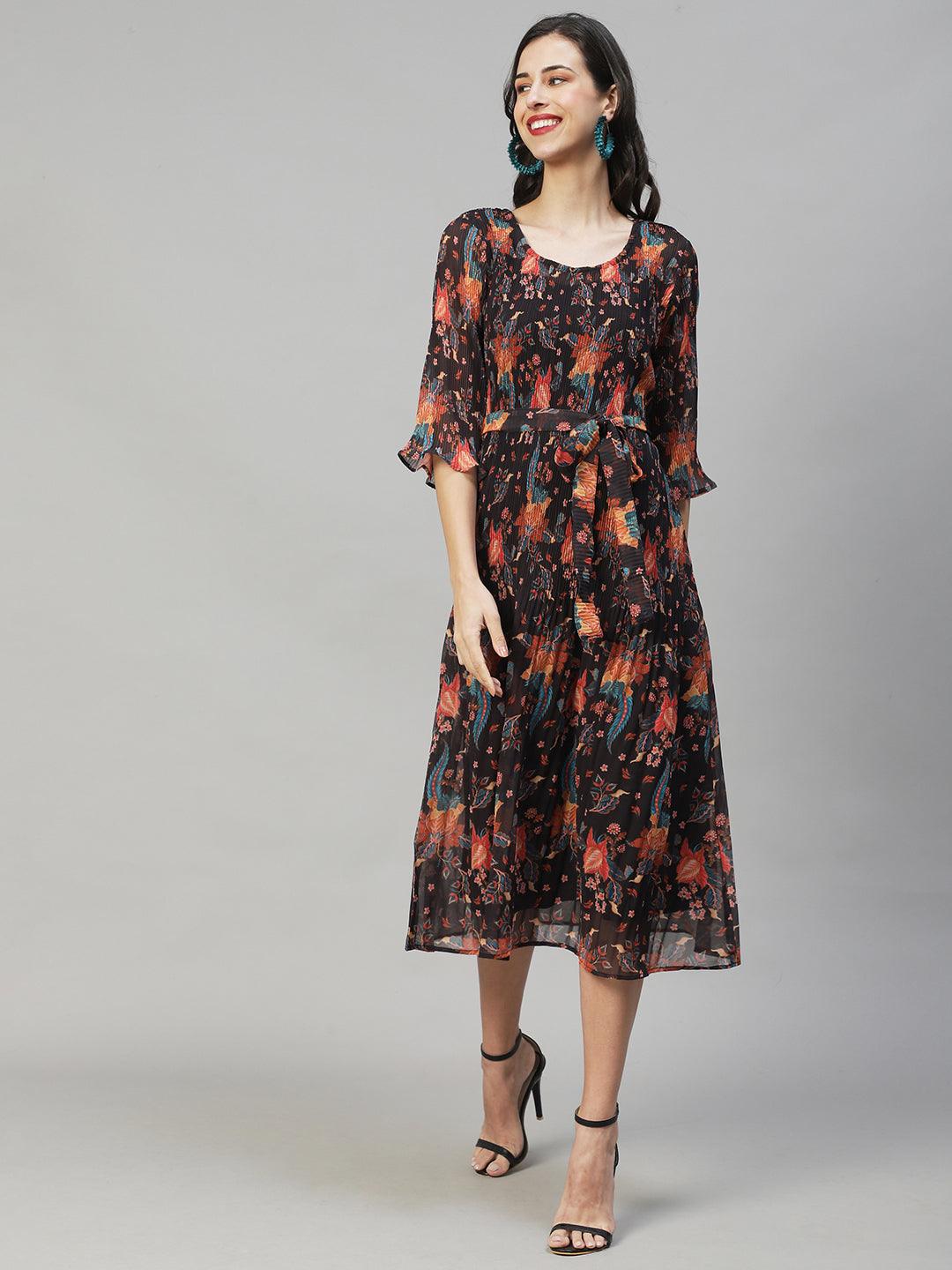 Floral Printed A-Line Midi Dress - Multi - Indiakreations